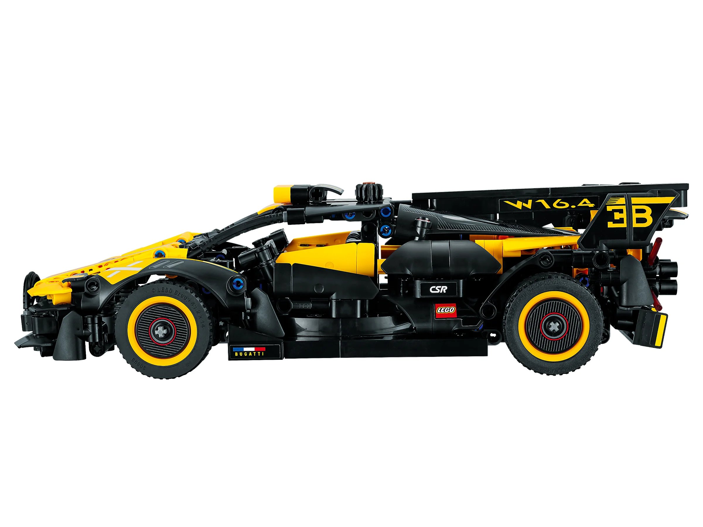Modelul LEGO Bugatti Bolide 42151, o mașină sportivă neagră și galbenă, văzută din profil.