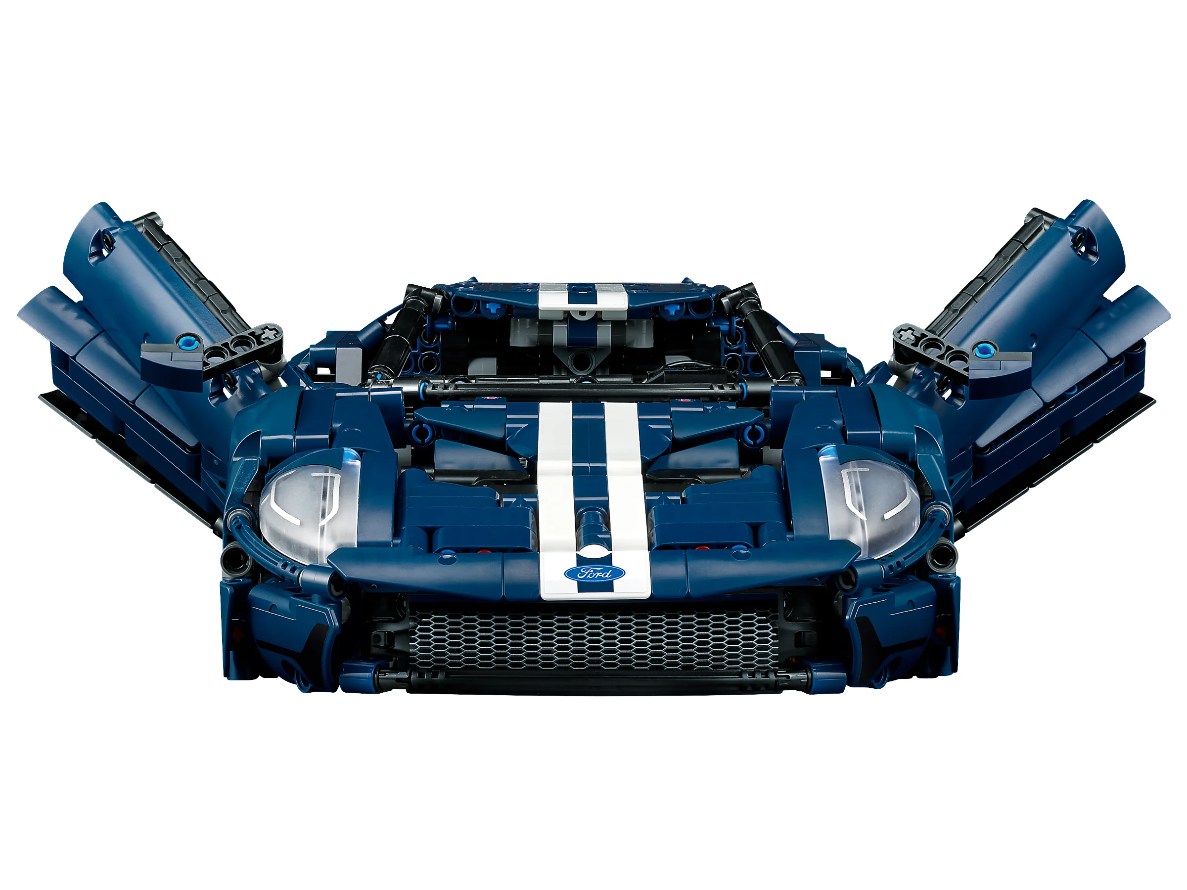 Modelul LEGO Ford GT, albastru, cu portierele deschise. O imagine detaliată și atrăgătoare.