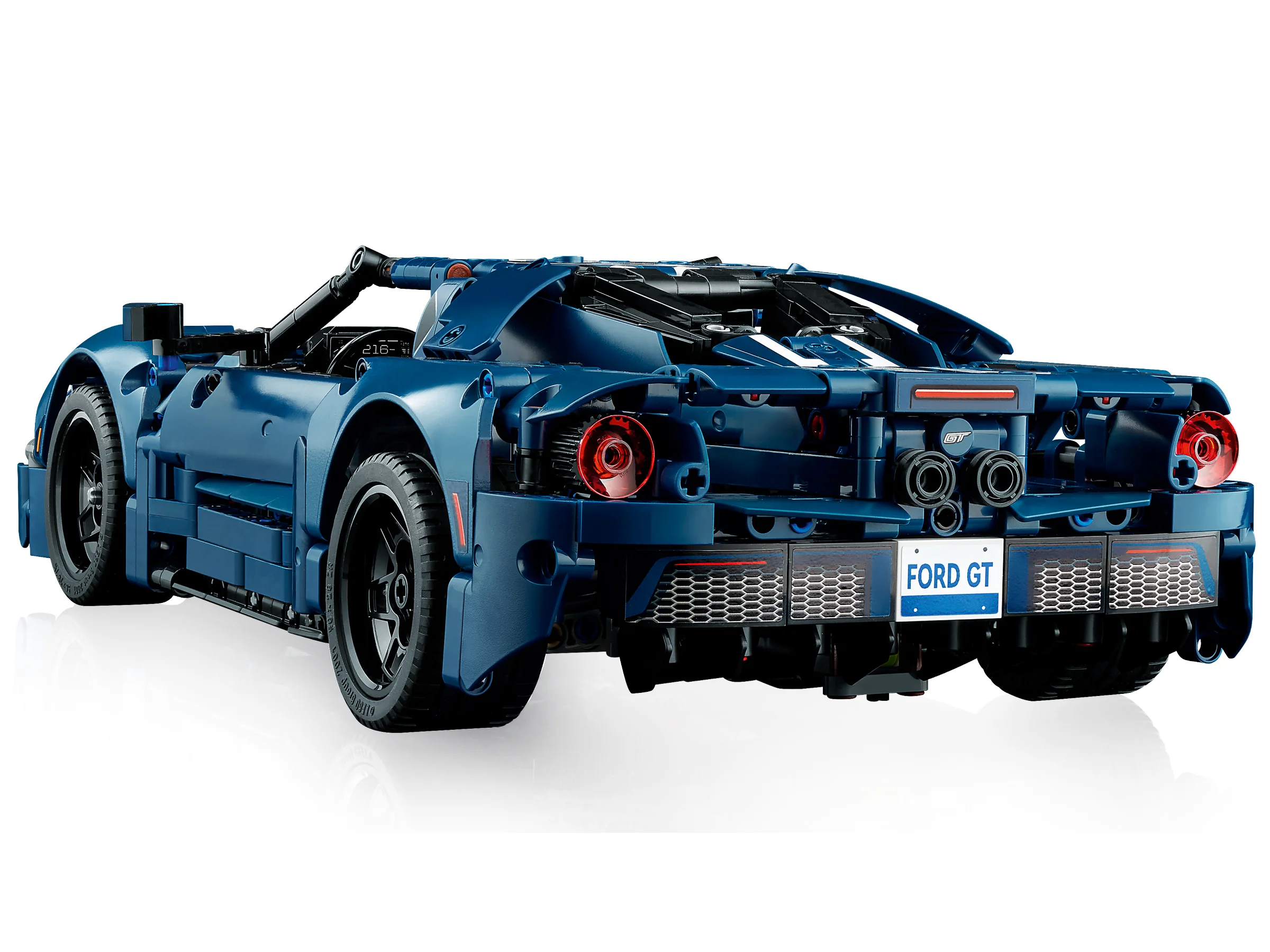 Imagine cu spatele modelului LEGO Ford GT albastru (42154), detaliat și realist.
