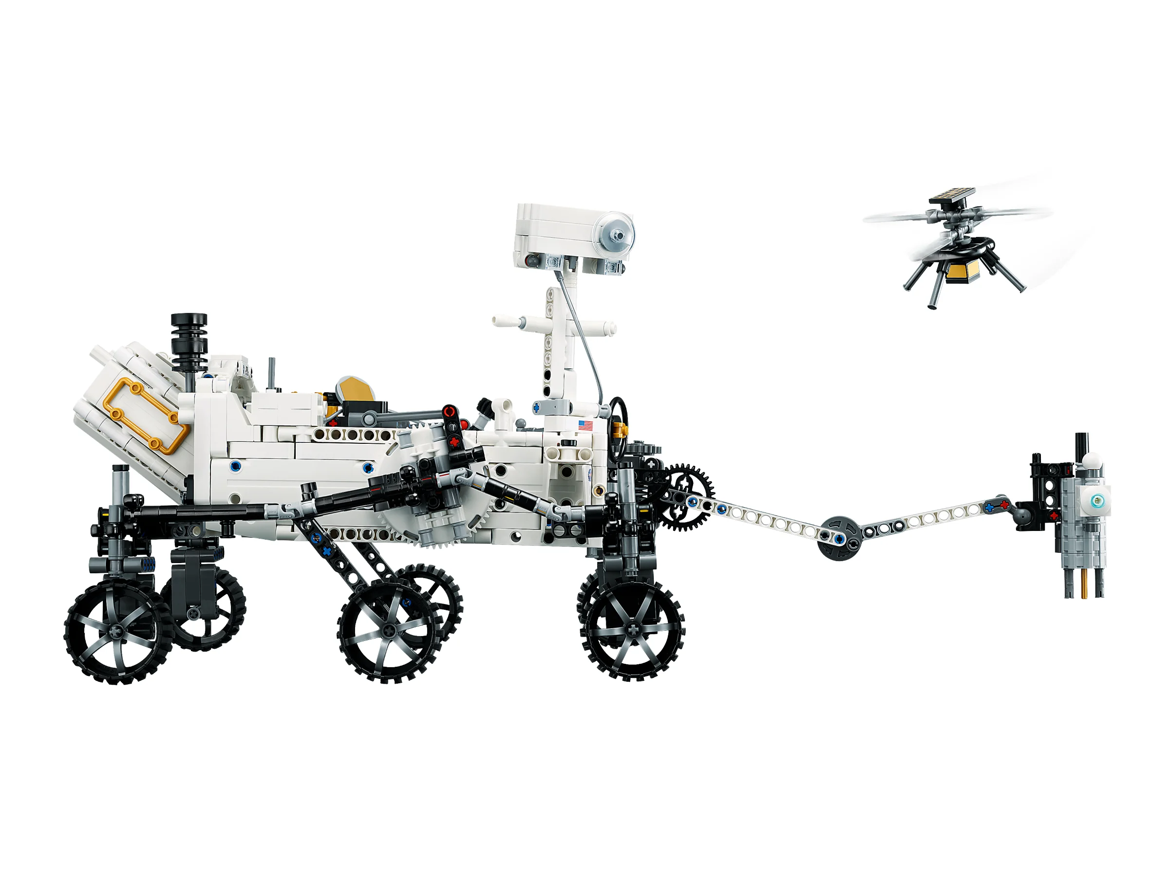 Roverul Perseverance și elicopterul Ingenuity pe Marte, model LEGO Technic detaliat.