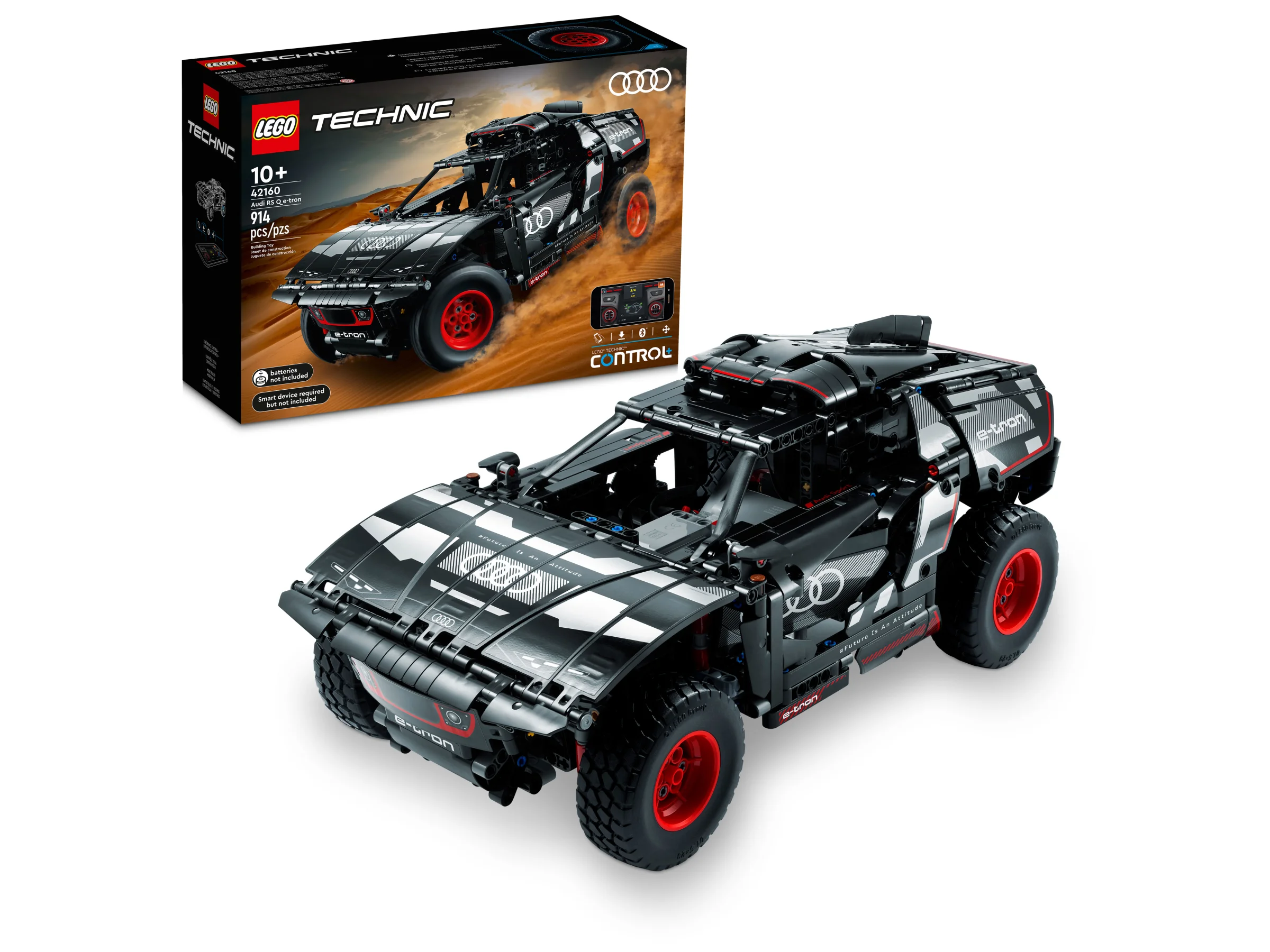 Imagine cu setul LEGO Technic 42160 Audi RS Q e-tron și cutia, prezentând designul mașinii.