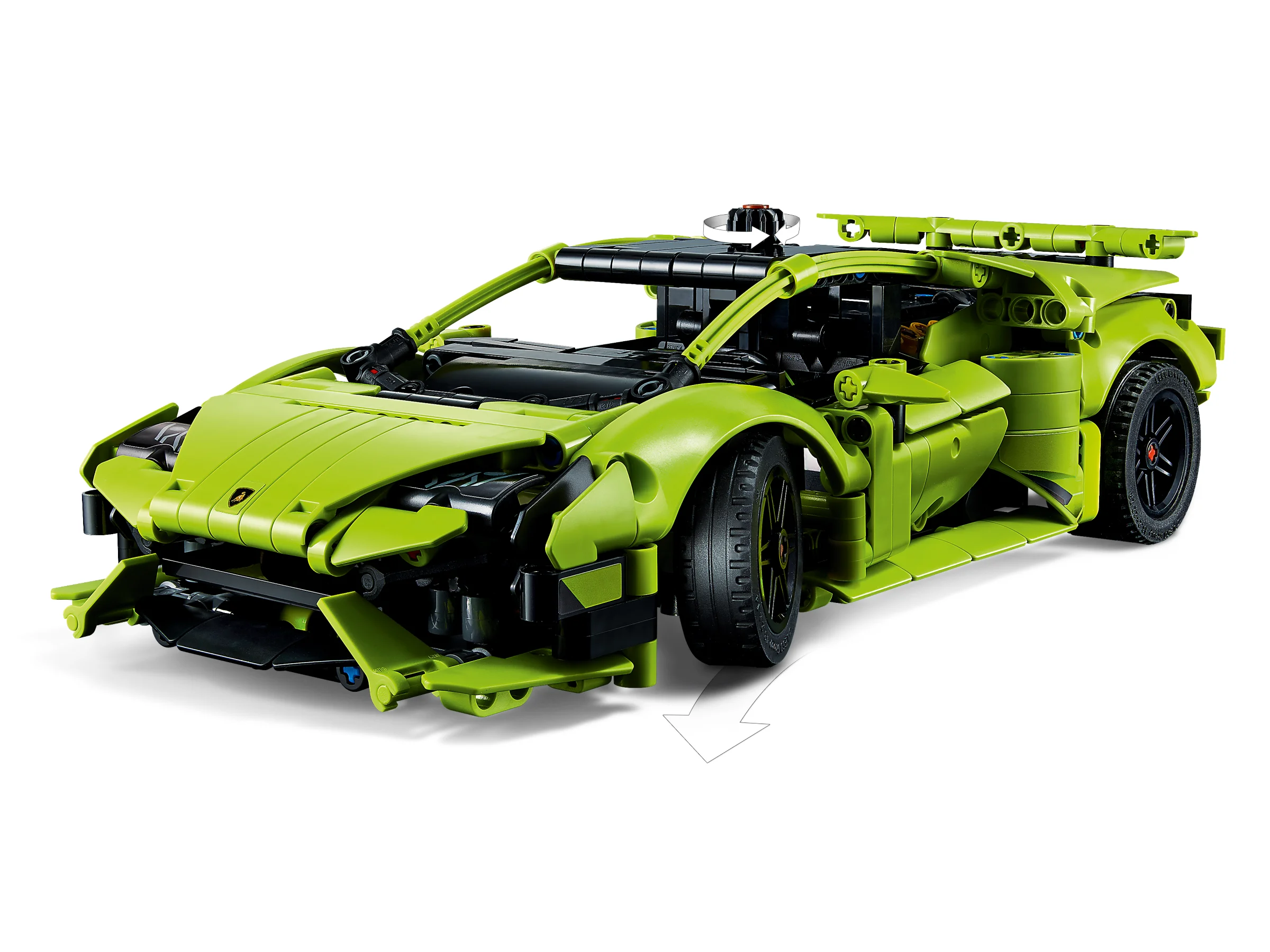 O imagine frontală a modelului Lamborghini Huracán Tecnica verde viu, realizat din piese LEGO Technic.