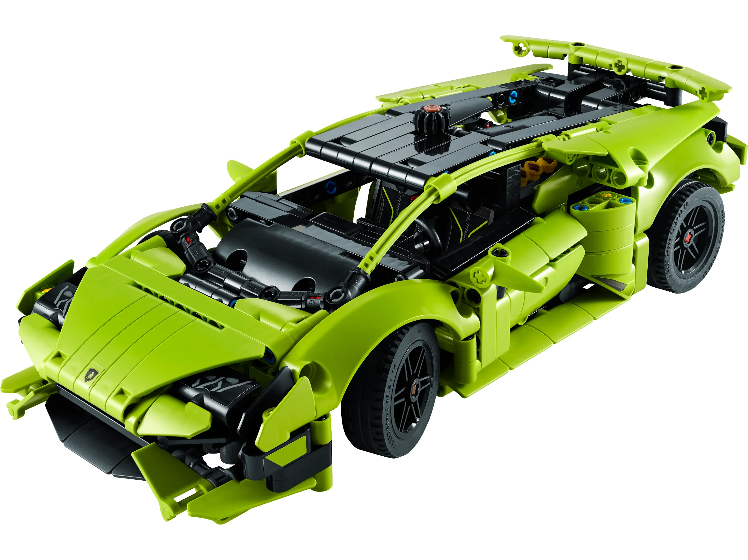 Imagine cu modelul LEGO Lamborghini Huracán Tecnica, verde lime, cu detalii tehnice vizibile.