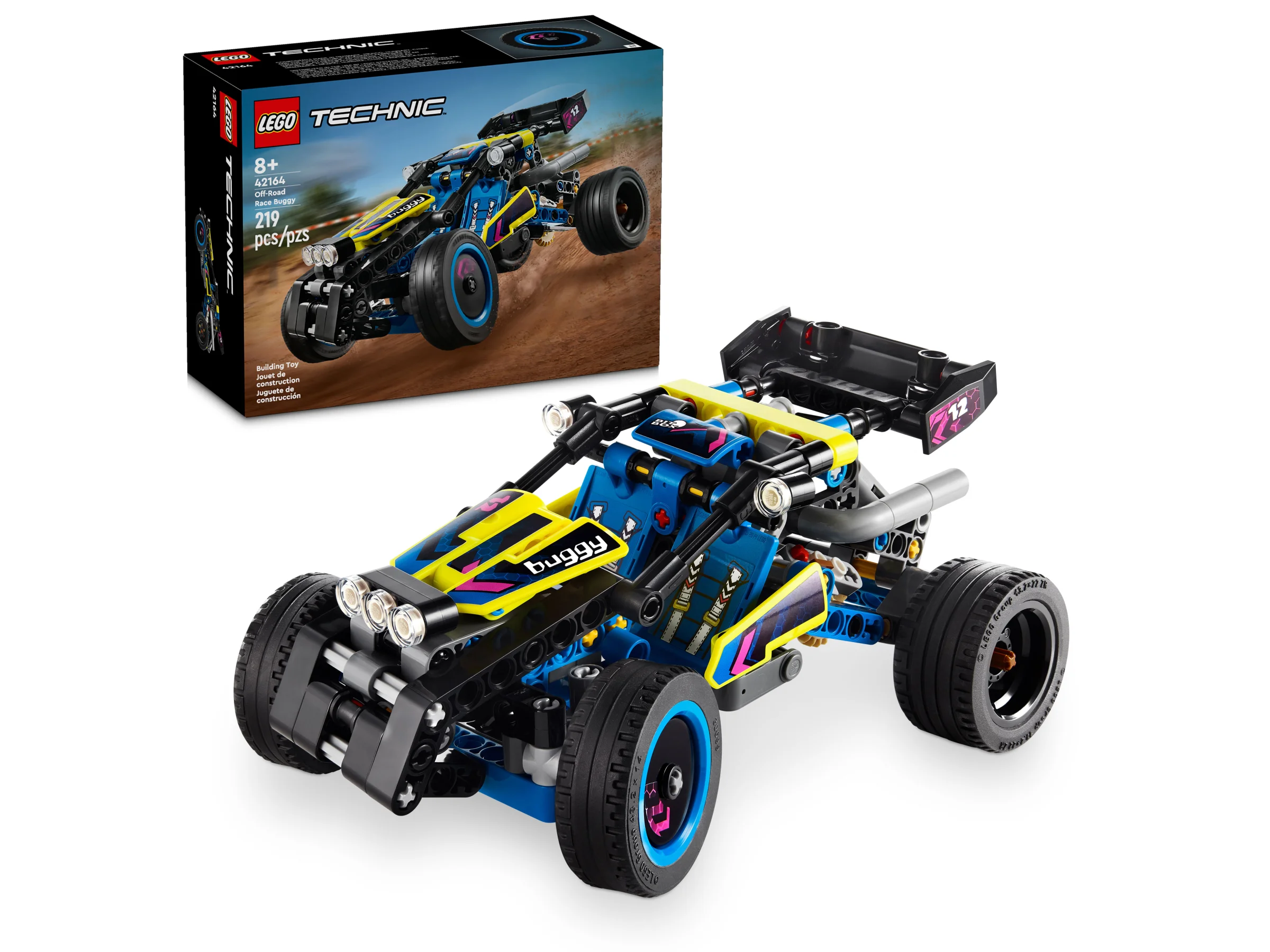 Imagine cu buggy-ul off-road LEGO Technic 42164 și cutia. Setul e detaliat și colorat: albastru, negru și galben.