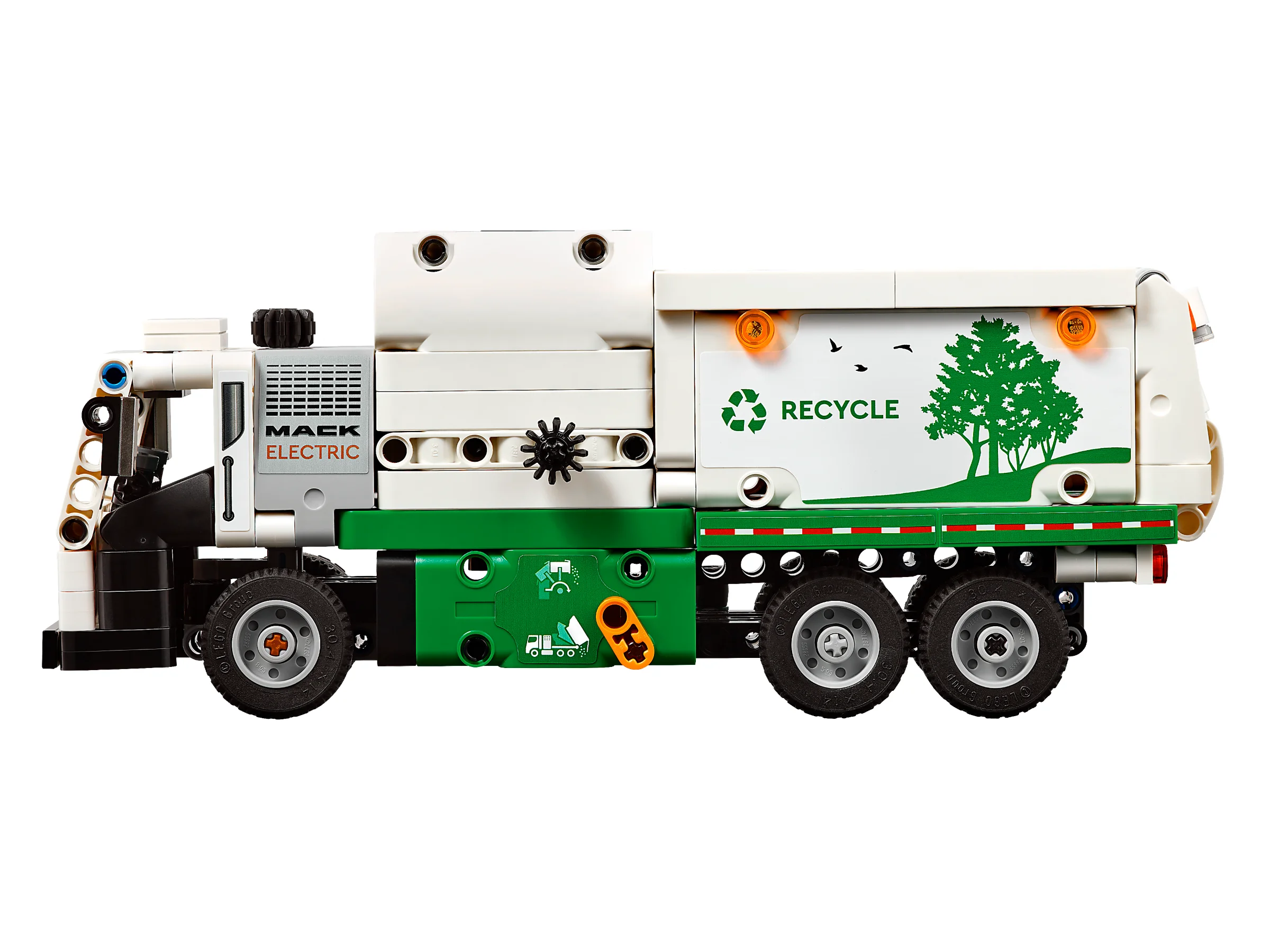 Camion de gunoi Mack LR Electric, vedere laterală detaliată. Un model ecologic Technic.