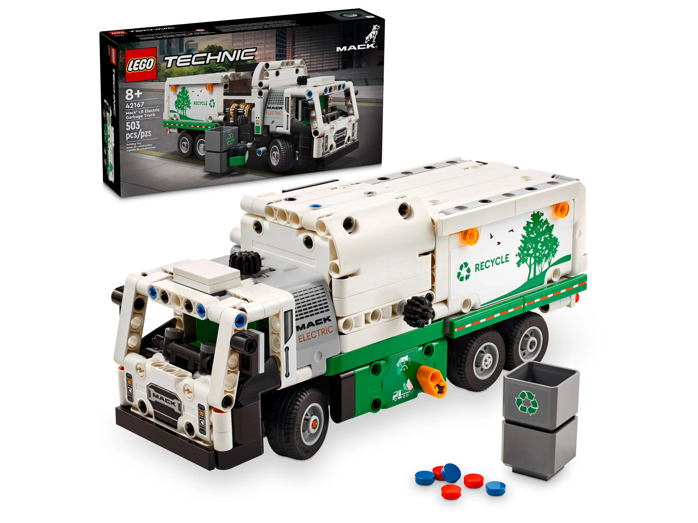 Camionul de gunoi electric Mack LR, setul 42167, prezentat alături de cutia sa.