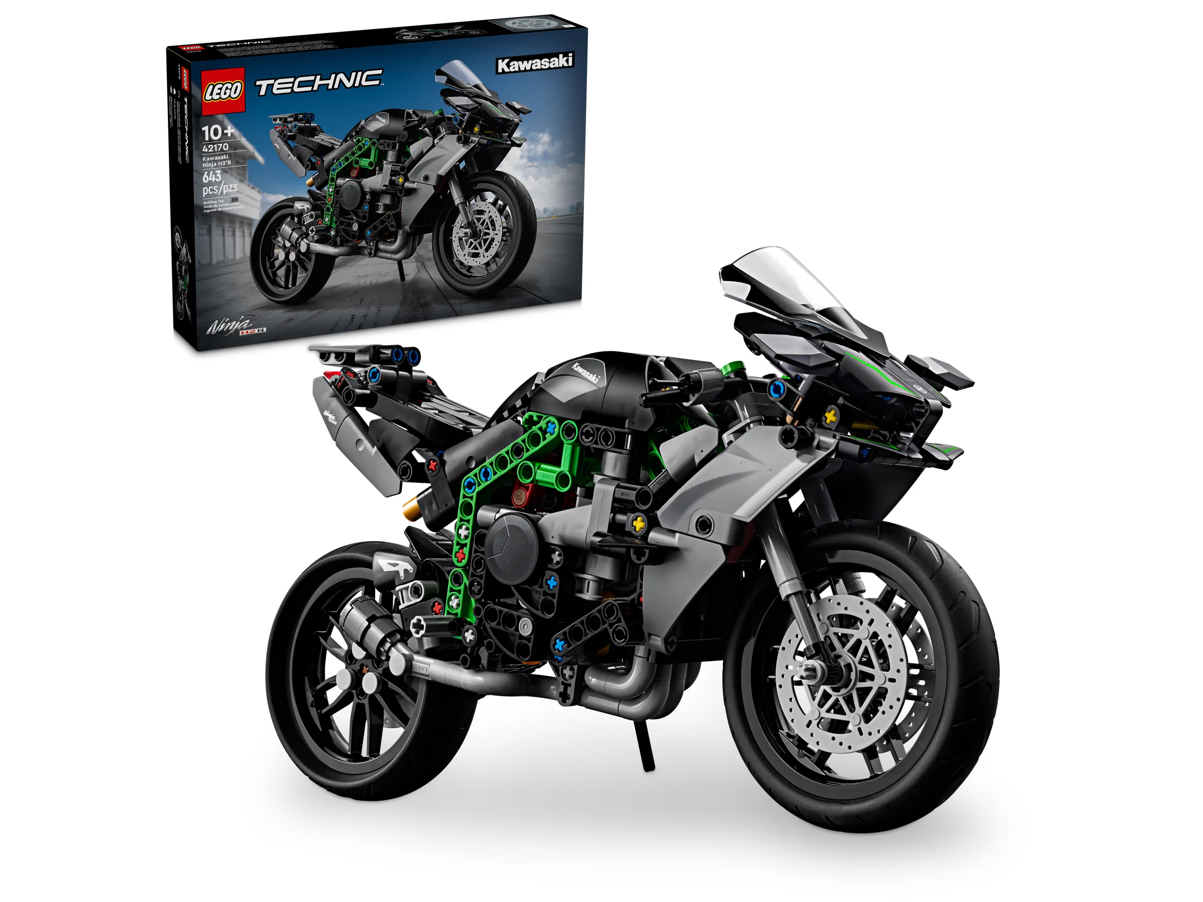Imagine detaliată cu modelul LEGO Kawasaki Ninja H2R și cutia produsului. O prezentare atractivă.