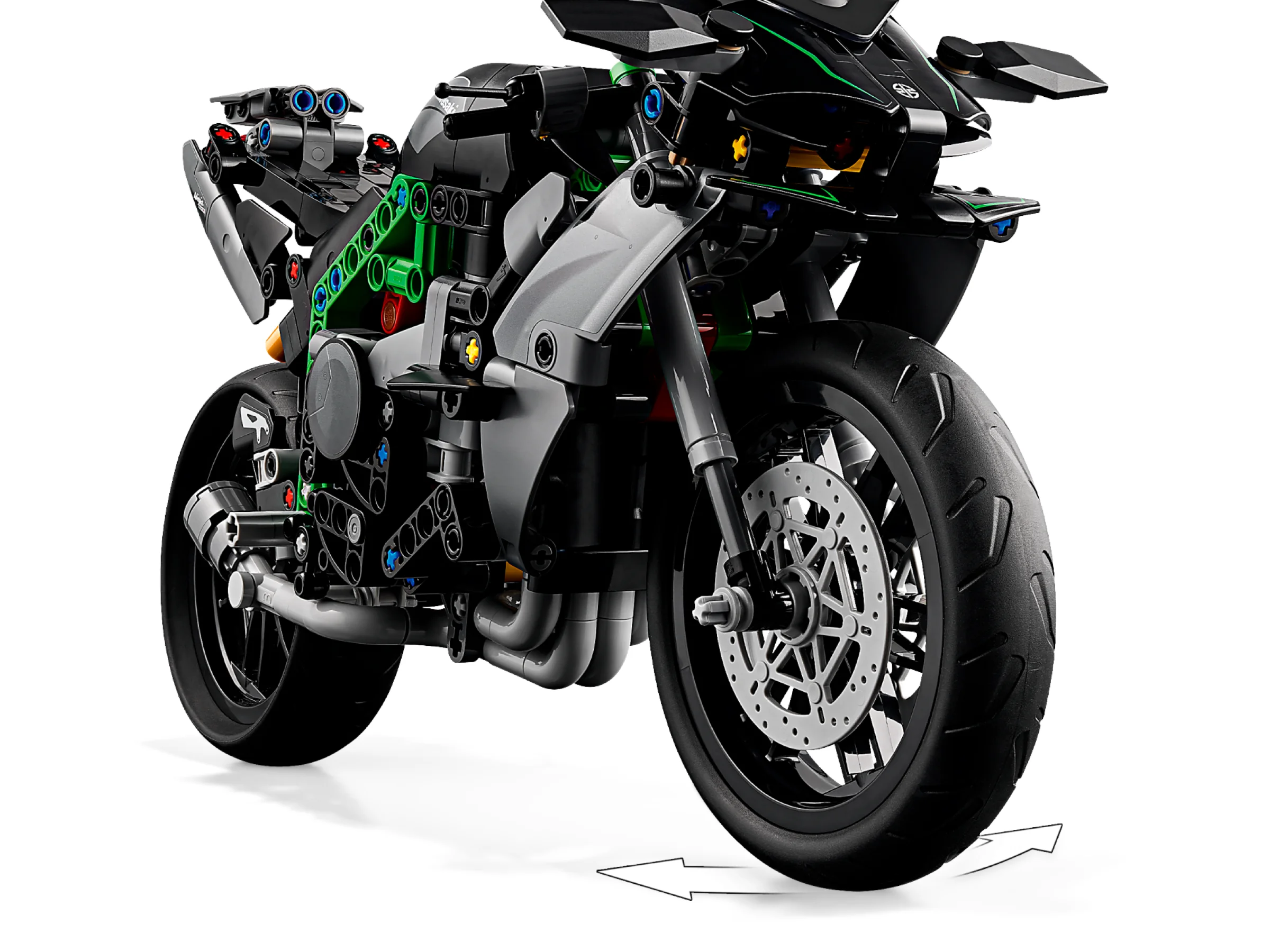Prim-plan cu motocicleta Kawasaki Ninja H2R, detalii ale roții din față și elemente Technic.