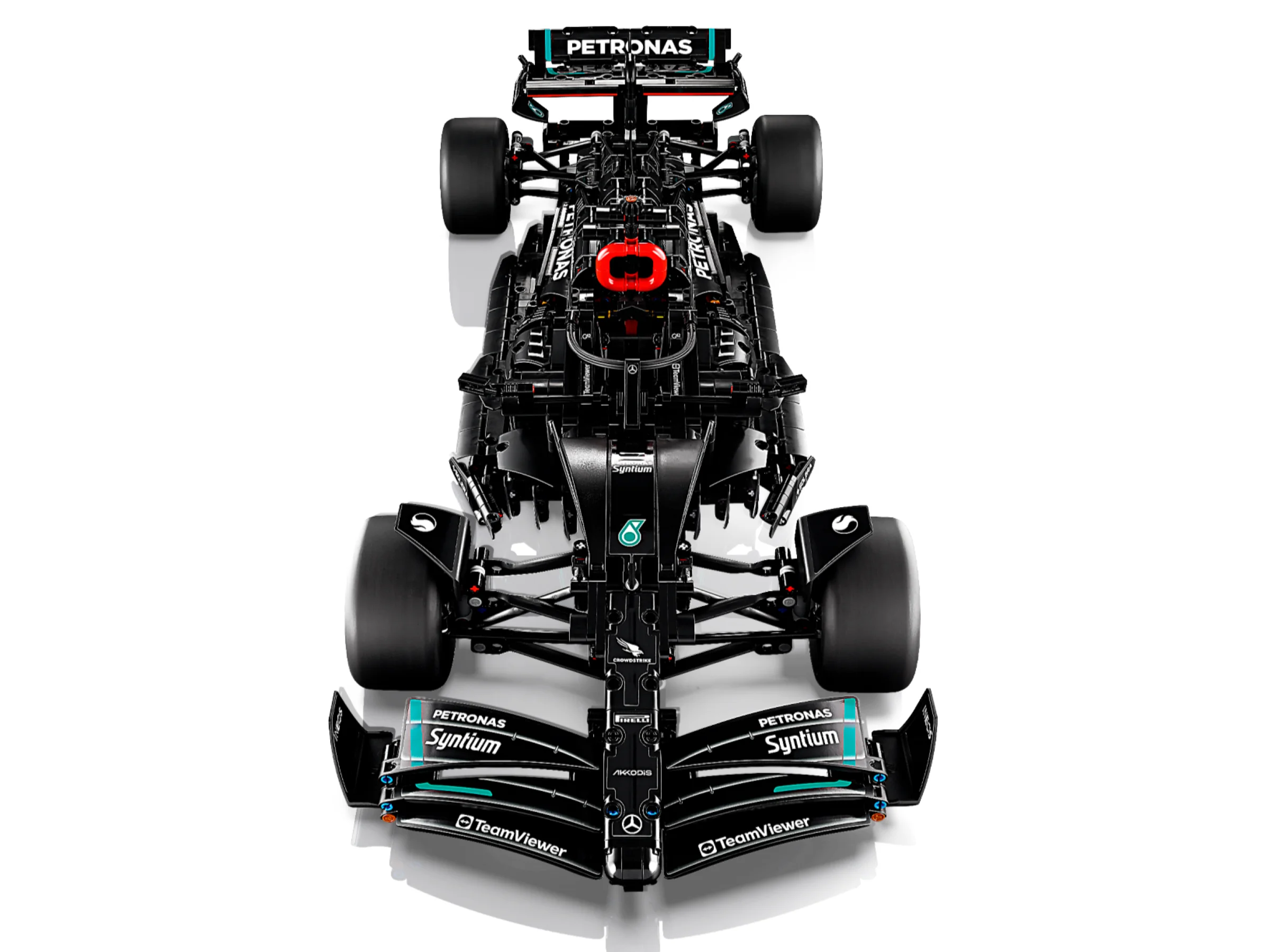 Modelul LEGO Technic Mercedes-AMG F1 W14 E Performance, vedere de sus, detaliată.