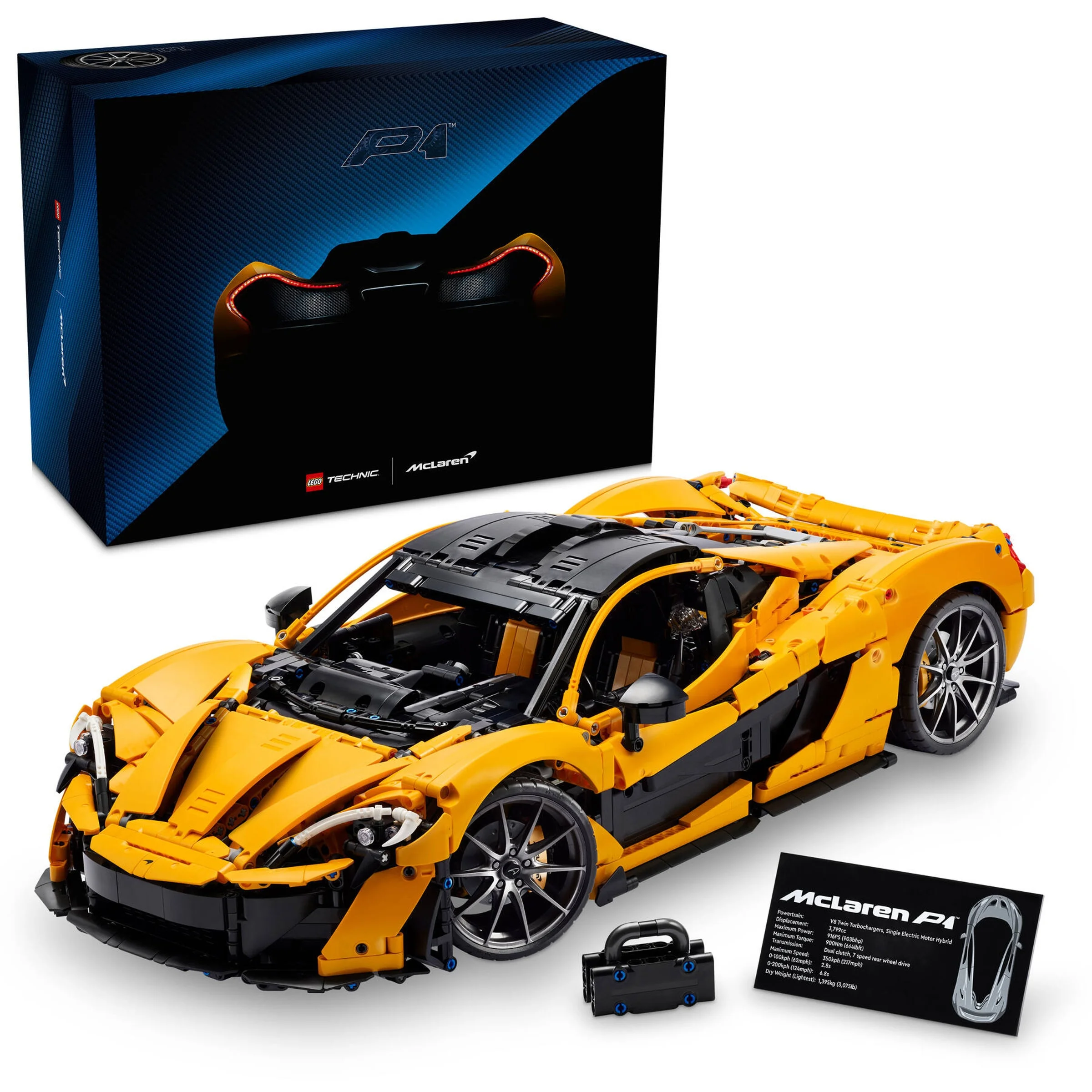 Imagine cu modelul LEGO Technic McLaren P1 și cutia produsului, pe fundal alb.