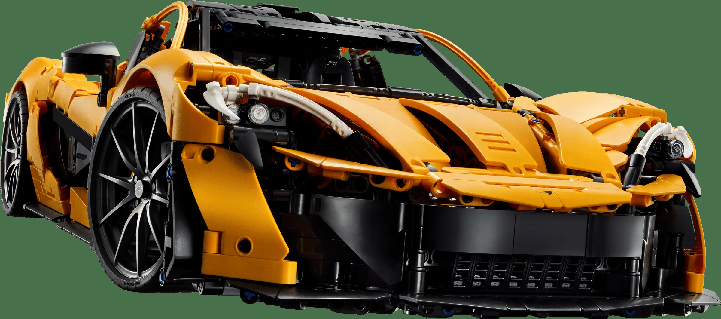 Prim-plan detaliat cu modelul LEGO Technic McLaren P1, în nuanțe de galben și negru.