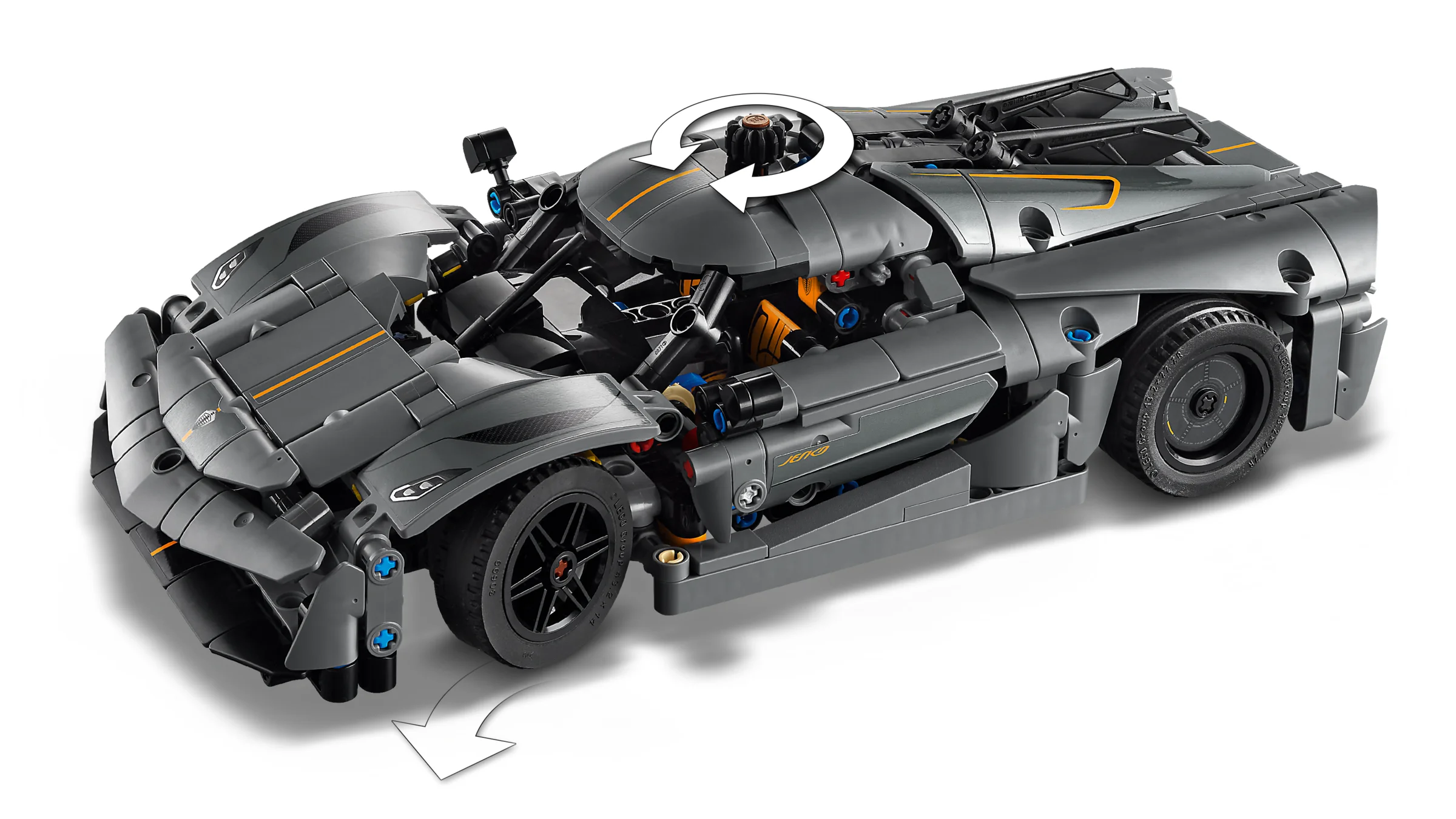 Imagine cu modelul LEGO Technic Koenigsegg Jesko Absolut gri, evidențiind direcția.
