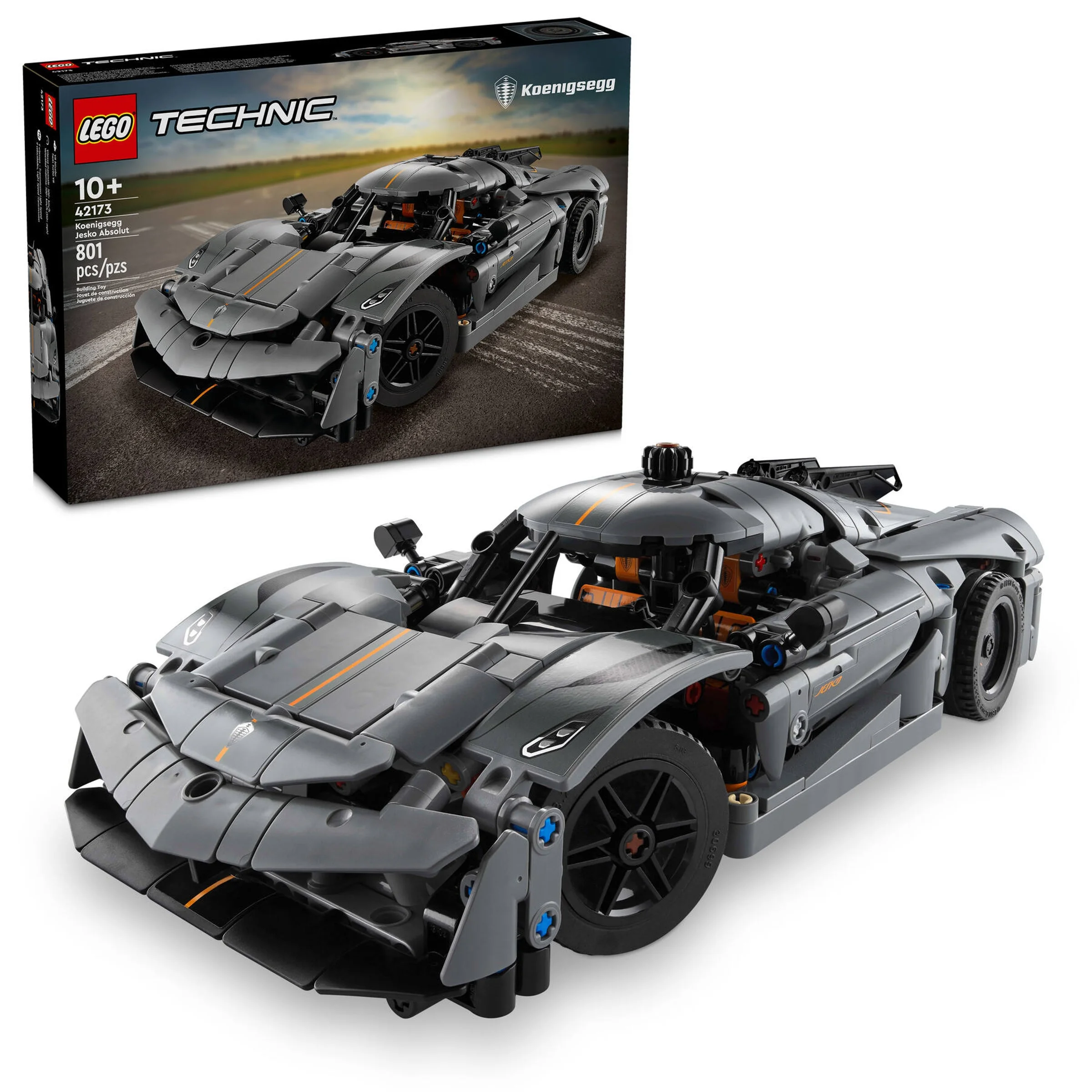 Imagine cu setul LEGO Technic 42173 Koenigsegg Jesko Absolut, modelul și cutia fiind vizibile.