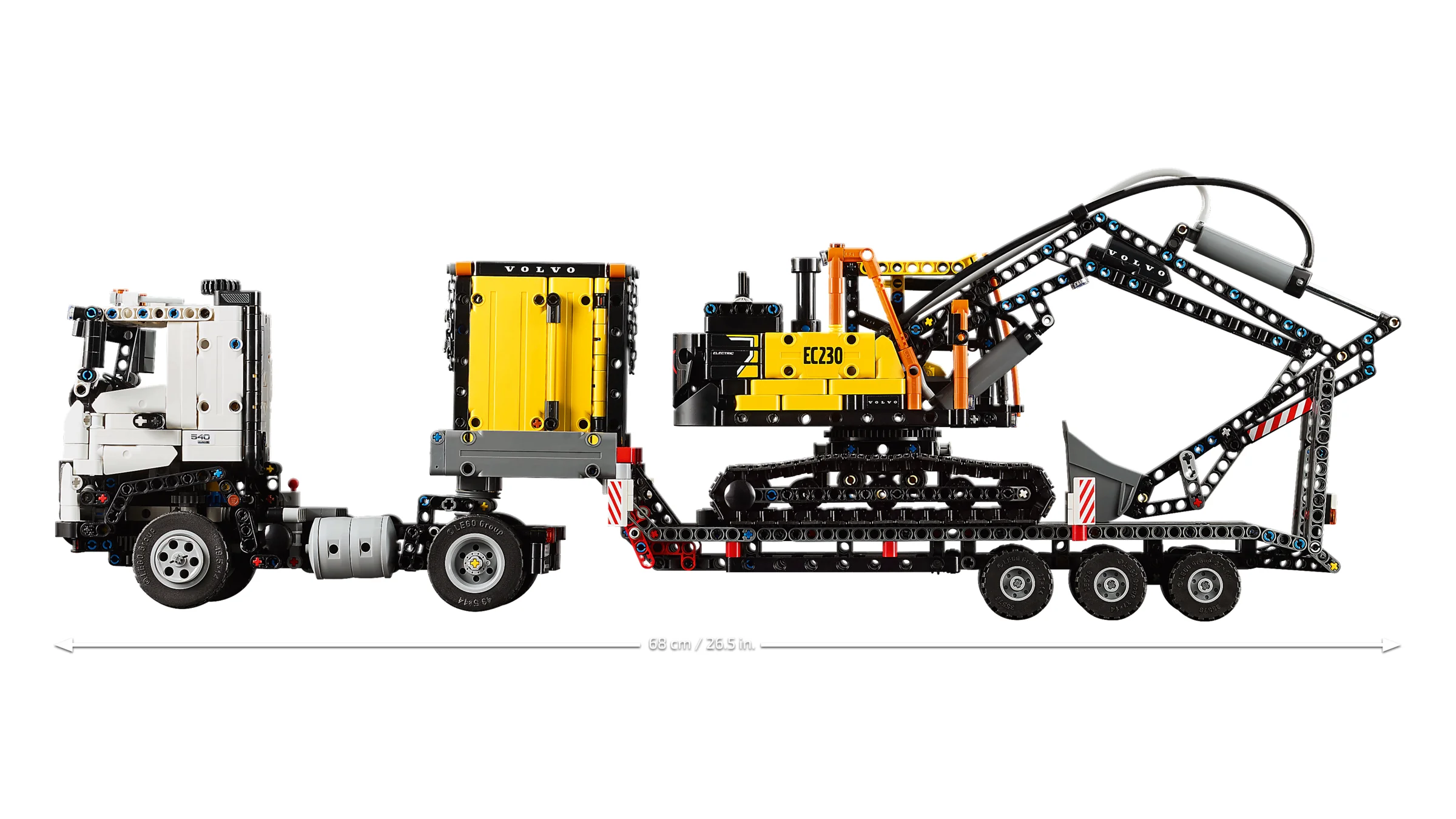 Modelul complet LEGO Technic Volvo FMX Truck & EC230 Electric Excavator, vedere laterală.