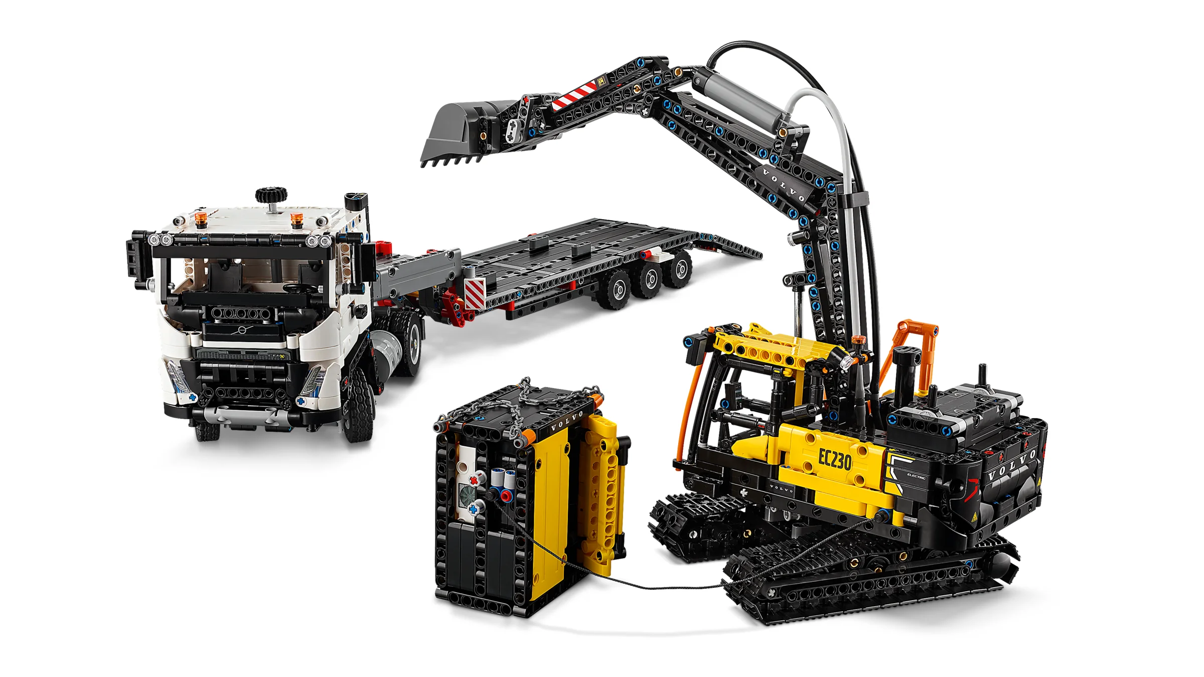 Prezentare completă a camionului Volvo FMX și excavatorului electric EC230 LEGO Technic.