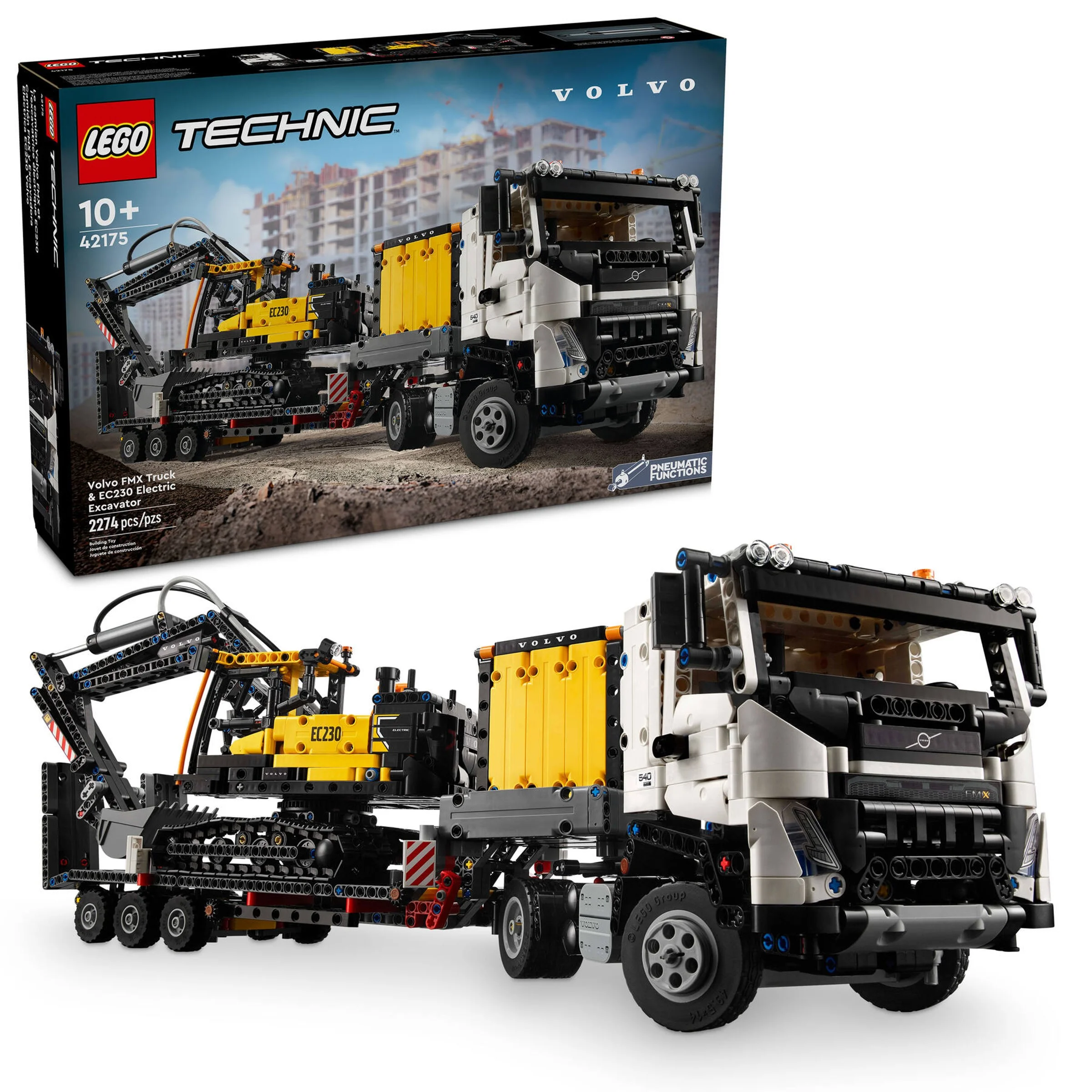 Imagine cu setul LEGO Technic 42175, camion Volvo FMX și excavator electric EC230, cu detaliile ambalajului.