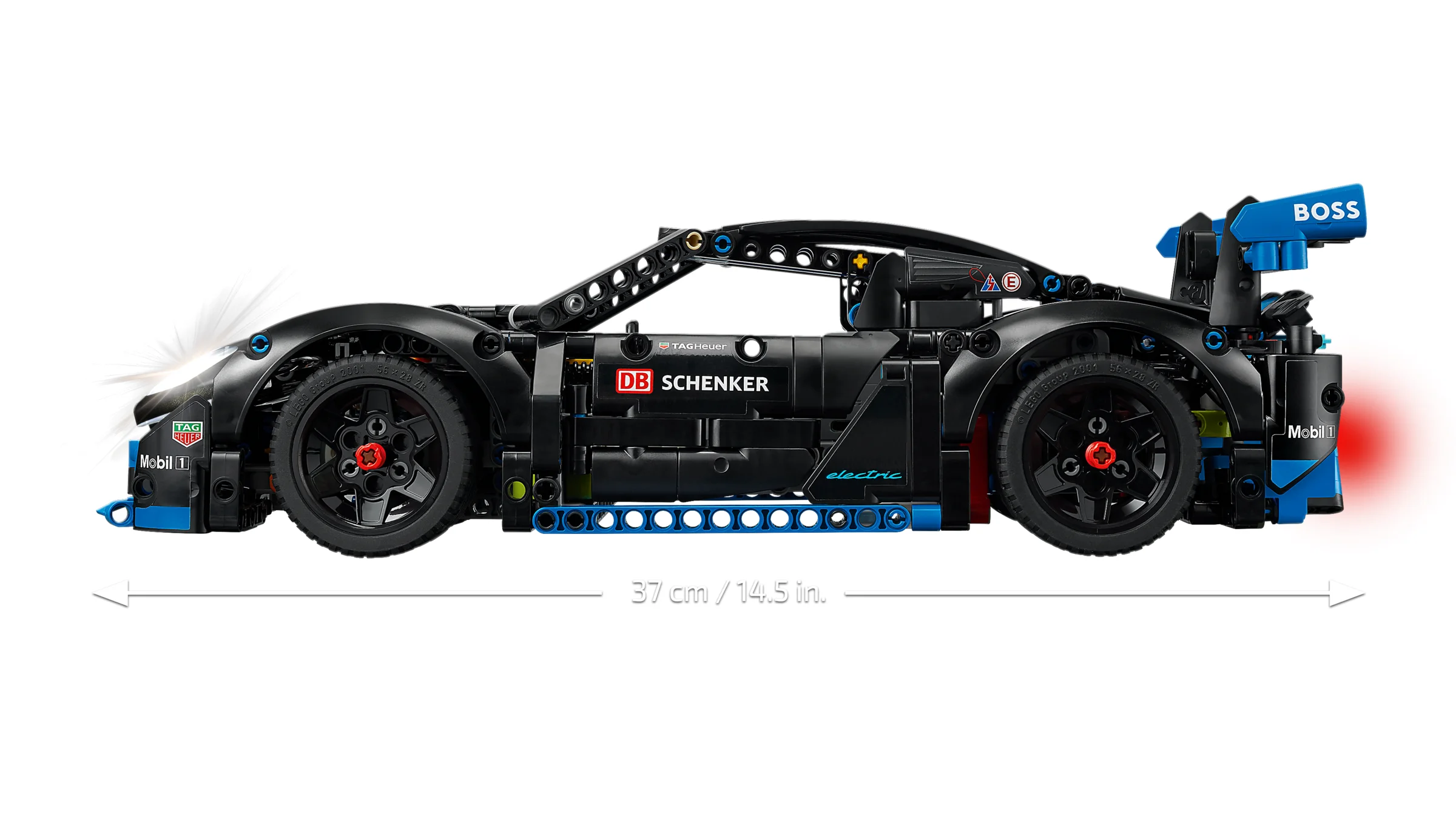 Imagine laterală a mașinii Porsche GT4 e-Performance. Detaliu: dimensiune de 37 cm. Are lumini.