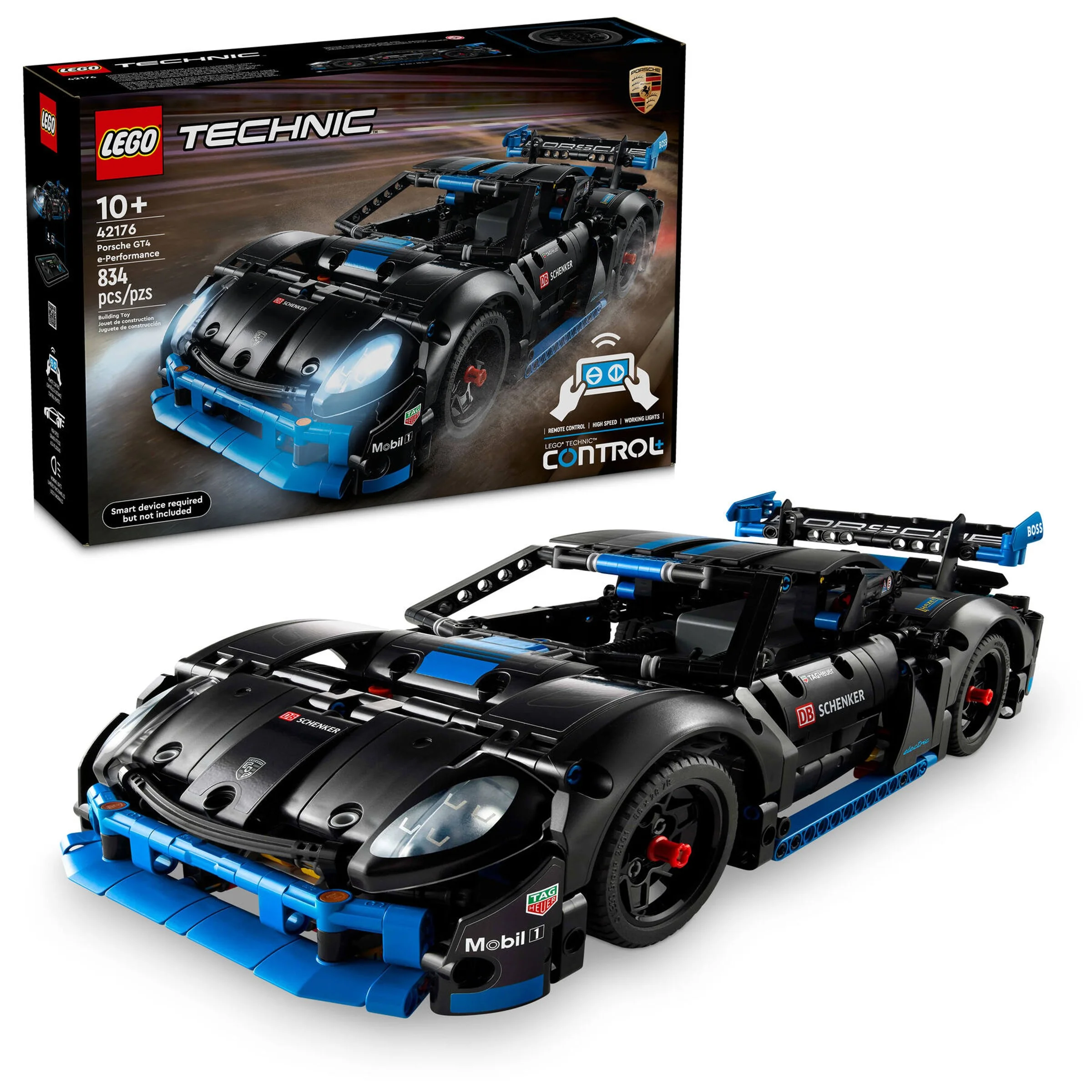 Imagine prezintă modelul Porsche GT4 e-Performance și cutia setului LEGO Technic 42176.