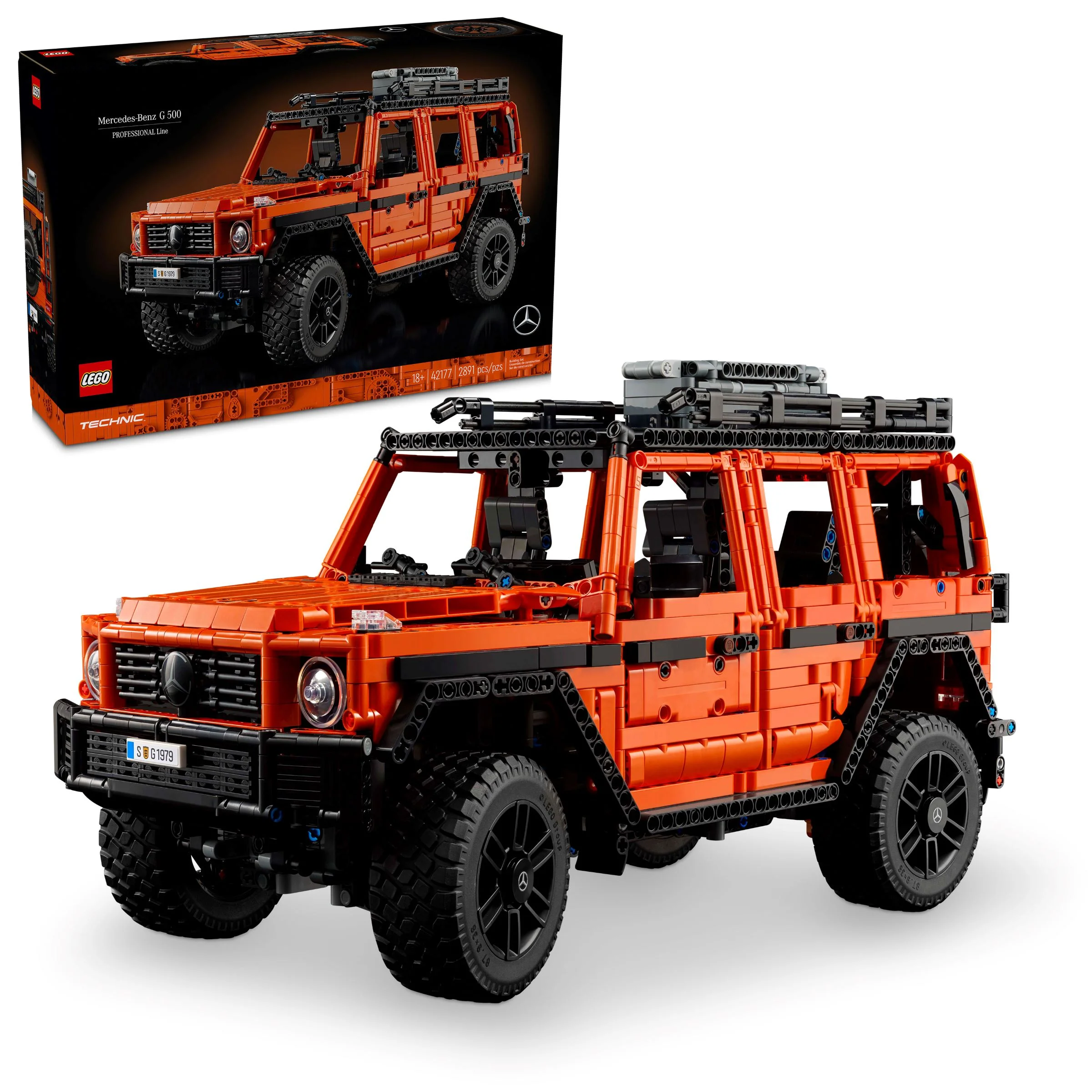 Imagine cu modelul LEGO Mercedes-Benz G 500 PROFESSIONAL Line și cutia sa.