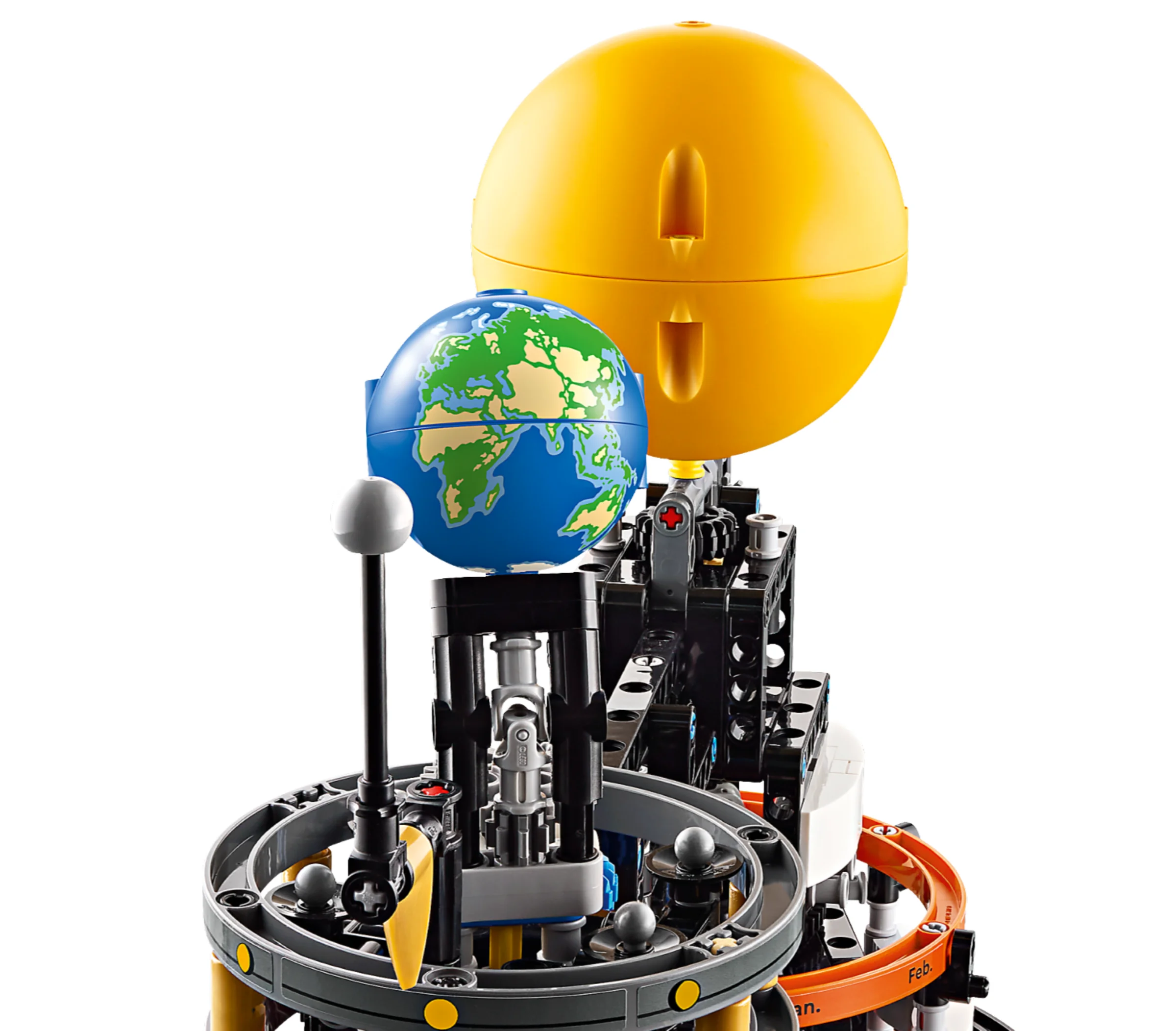 Model detaliat LEGO Technic cu Pământul, Luna și Soarele în orbită.