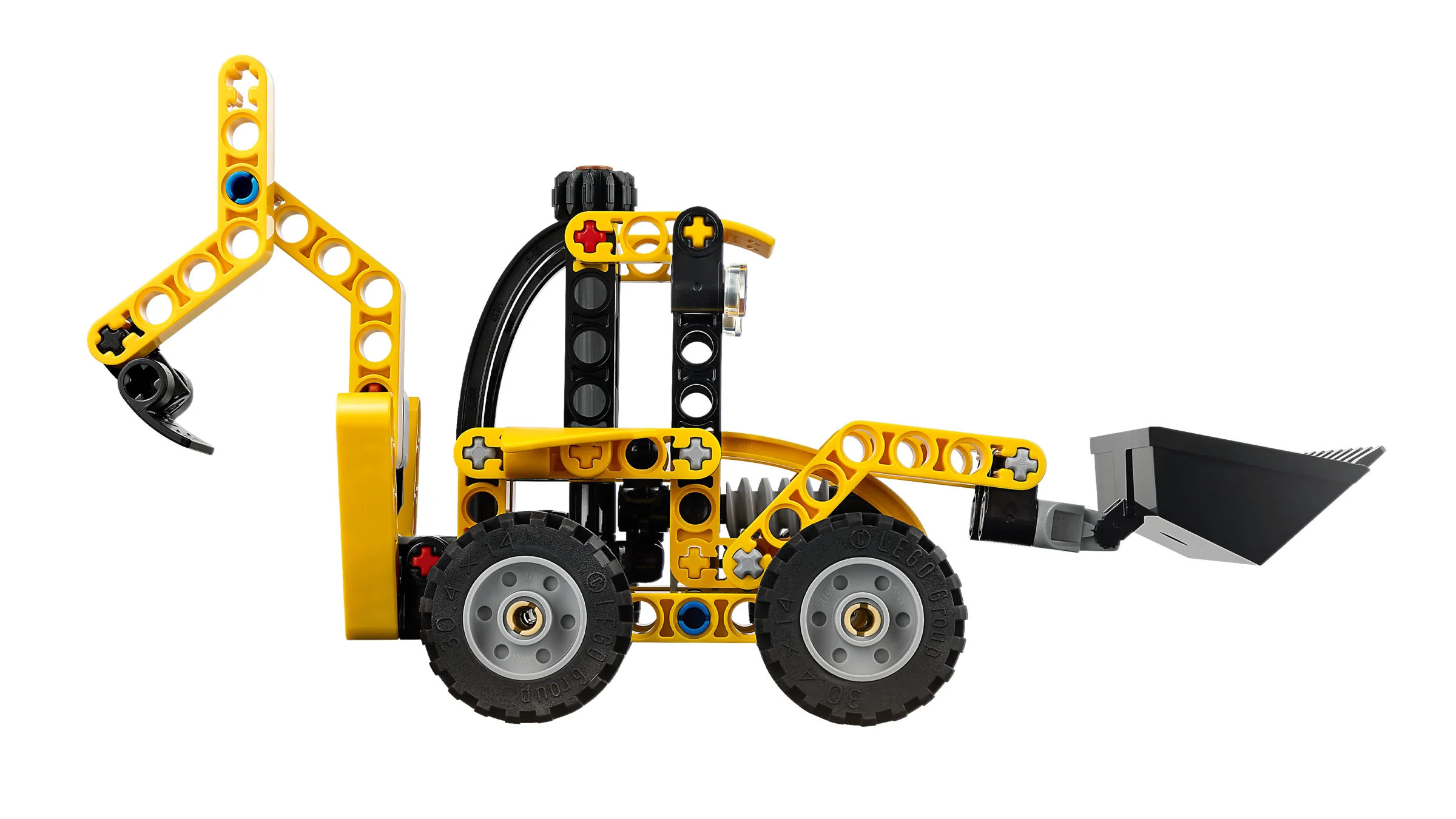 Imagine detaliată a buldoexcavatorului LEGO Technic 42197, din profil. Are culori galbene și negre.