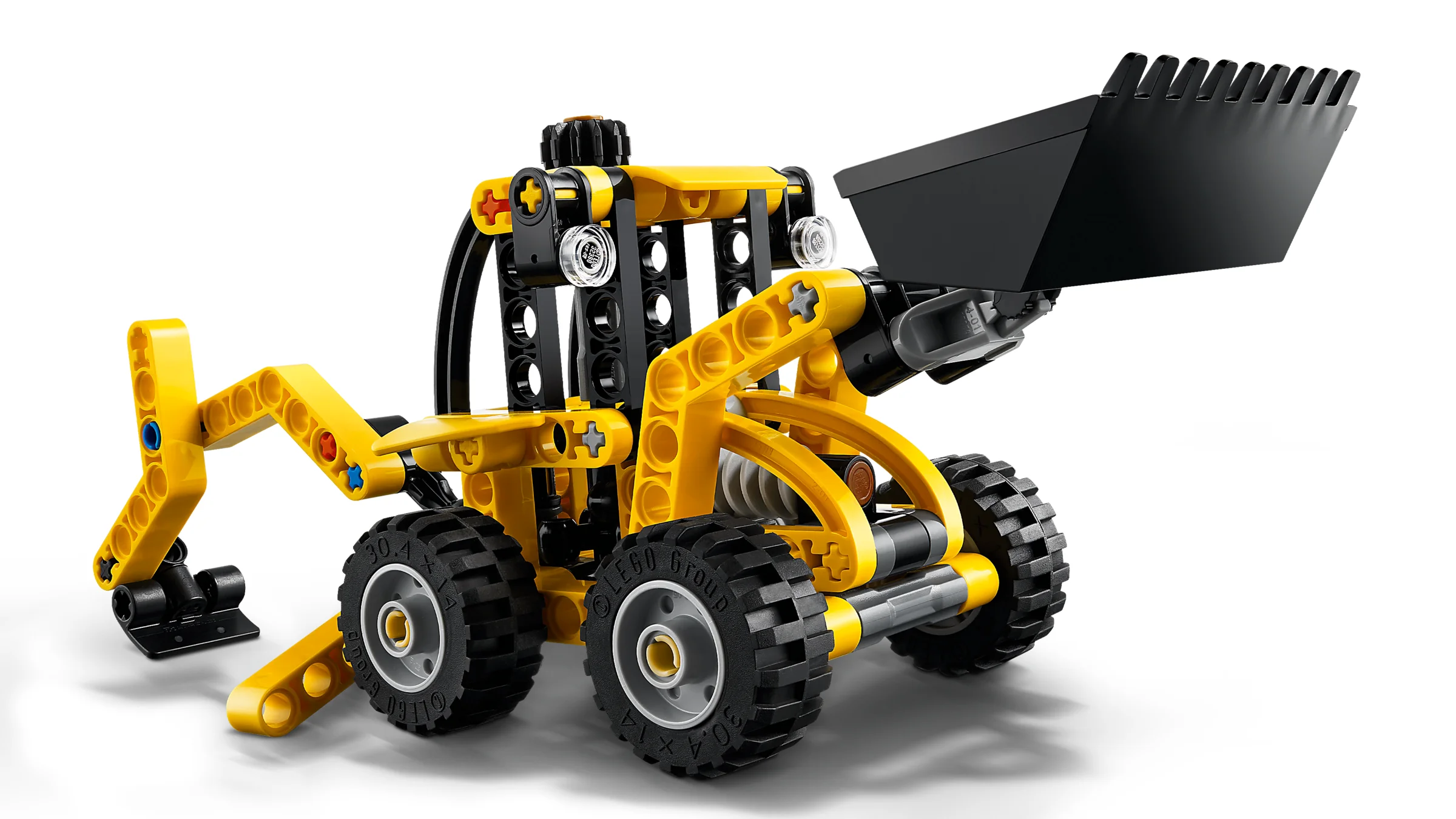 Imagine detaliată cu modelul LEGO Technic 42197, un încărcător frontal galben și negru. Funcționalitate și design tehnic.