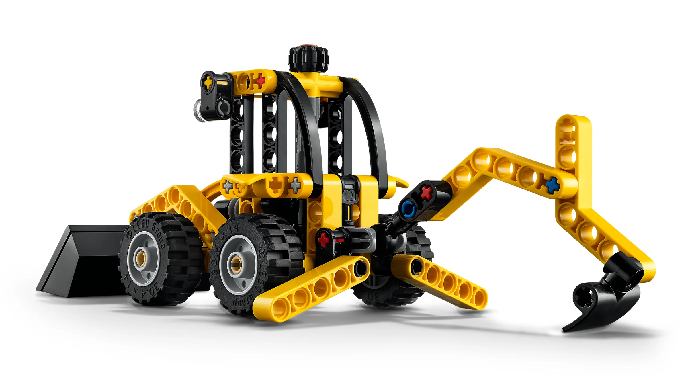 Imagine detaliată a modelului Backhoe Loader LEGO Technic 42197. Galben și negru.