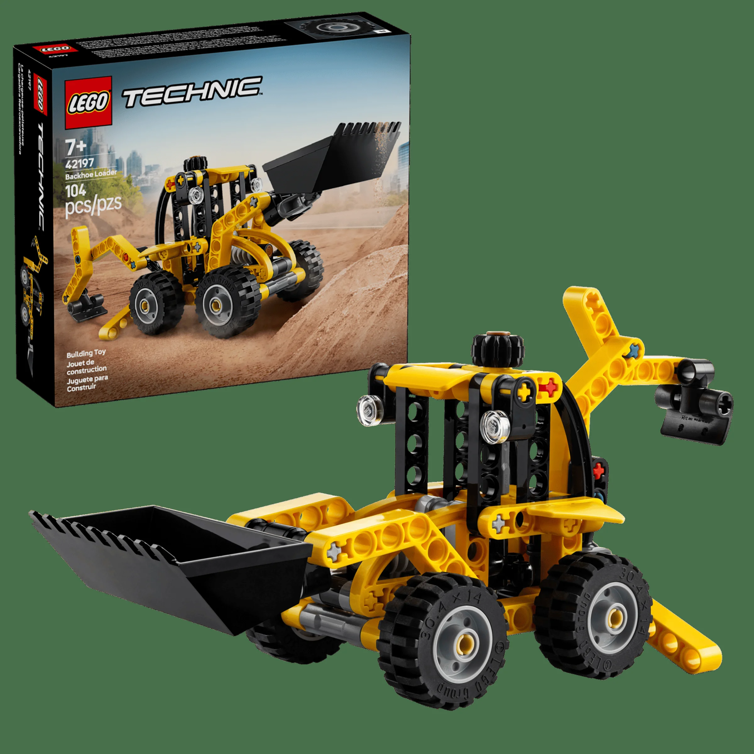 Imagine cu modelul LEGO Technic 42197, un încărcător cu retroexcavator galben și negru. Include și cutia.