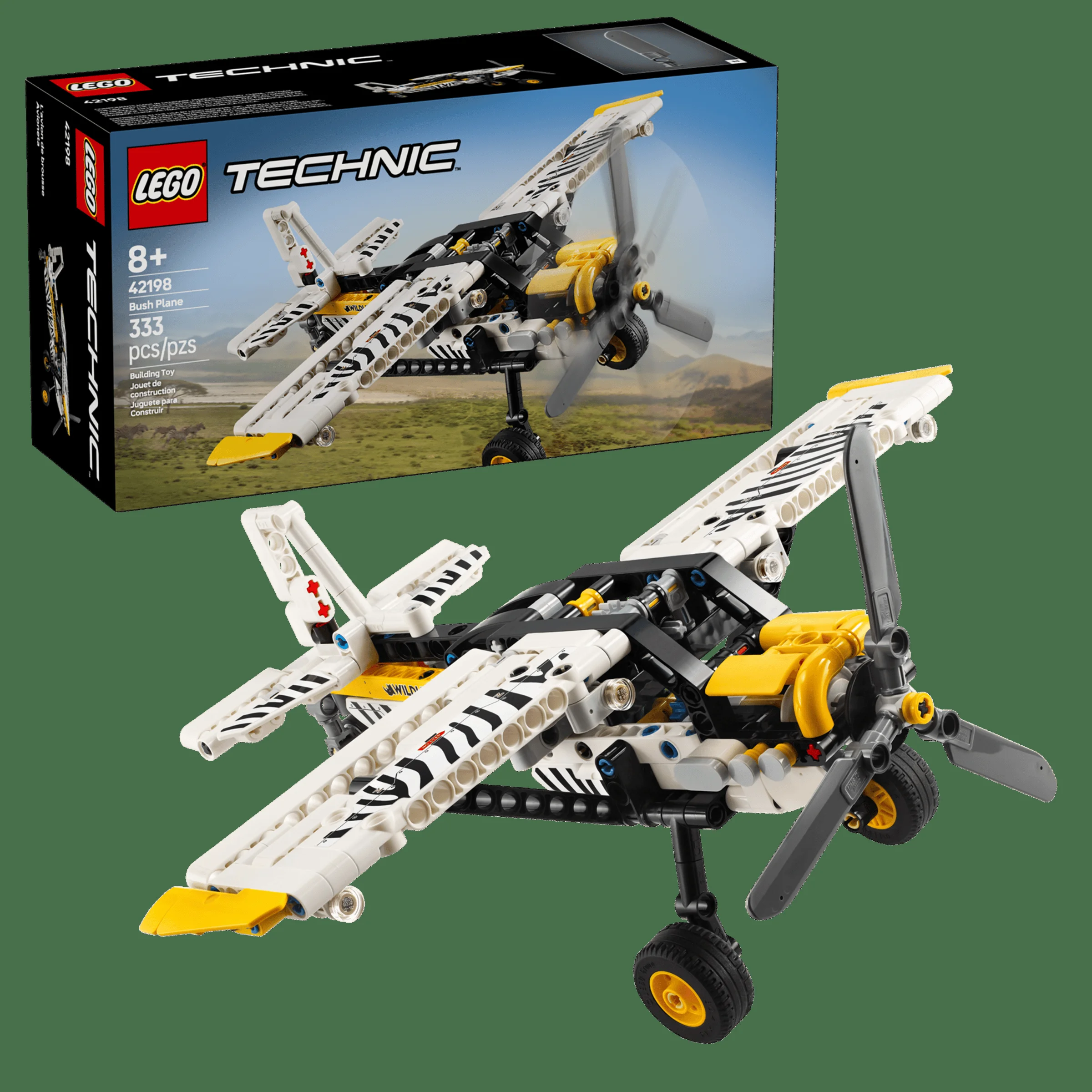 Avionul Bush LEGO Technic 42198 și cutia produsului. Model complex, detalii autentice, ideal pentru pasionați.