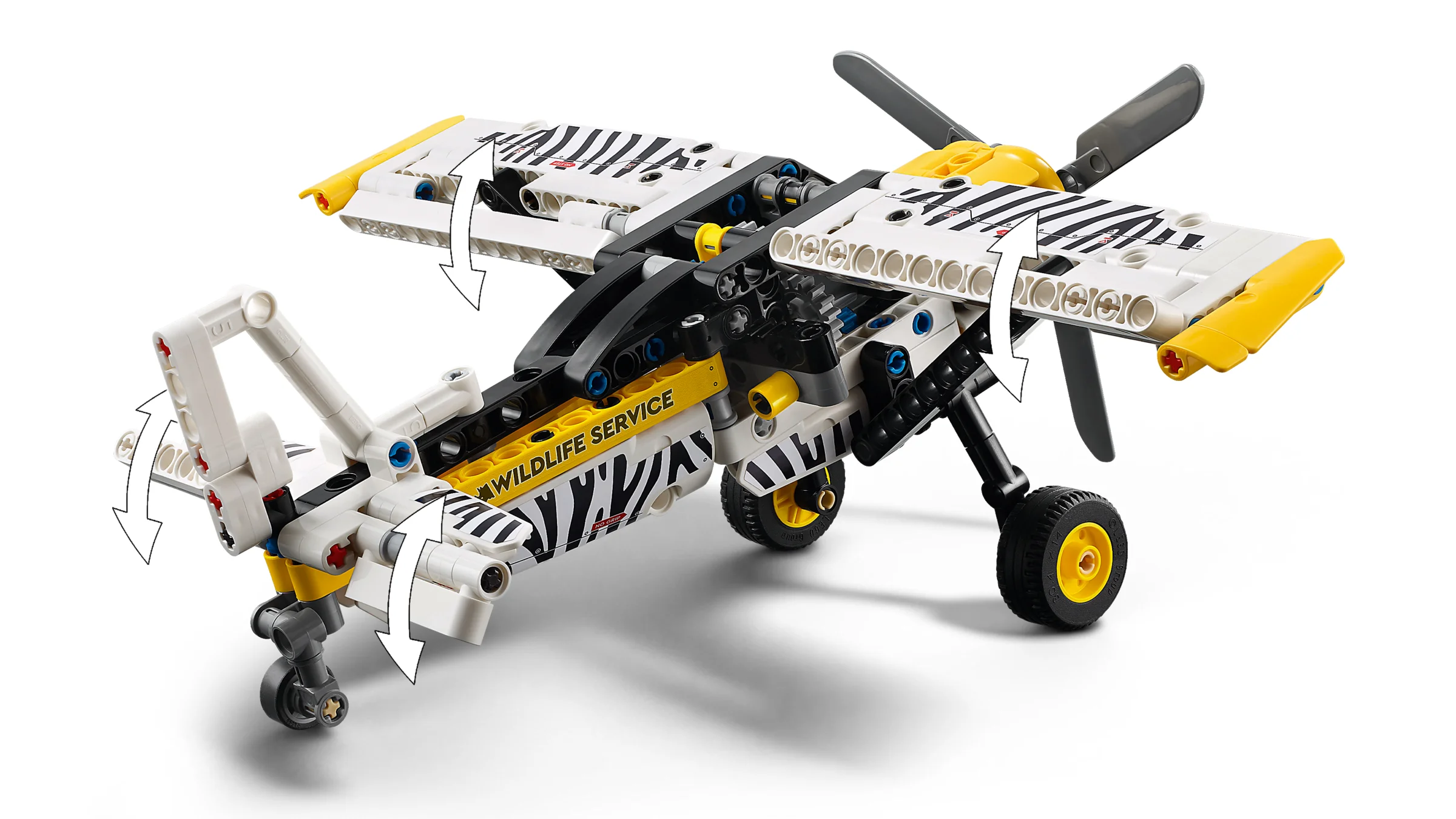 Avionul de tufiș LEGO Technic 42198, un model alb și galben cu detalii, aripile flexibile și roți funcționale.