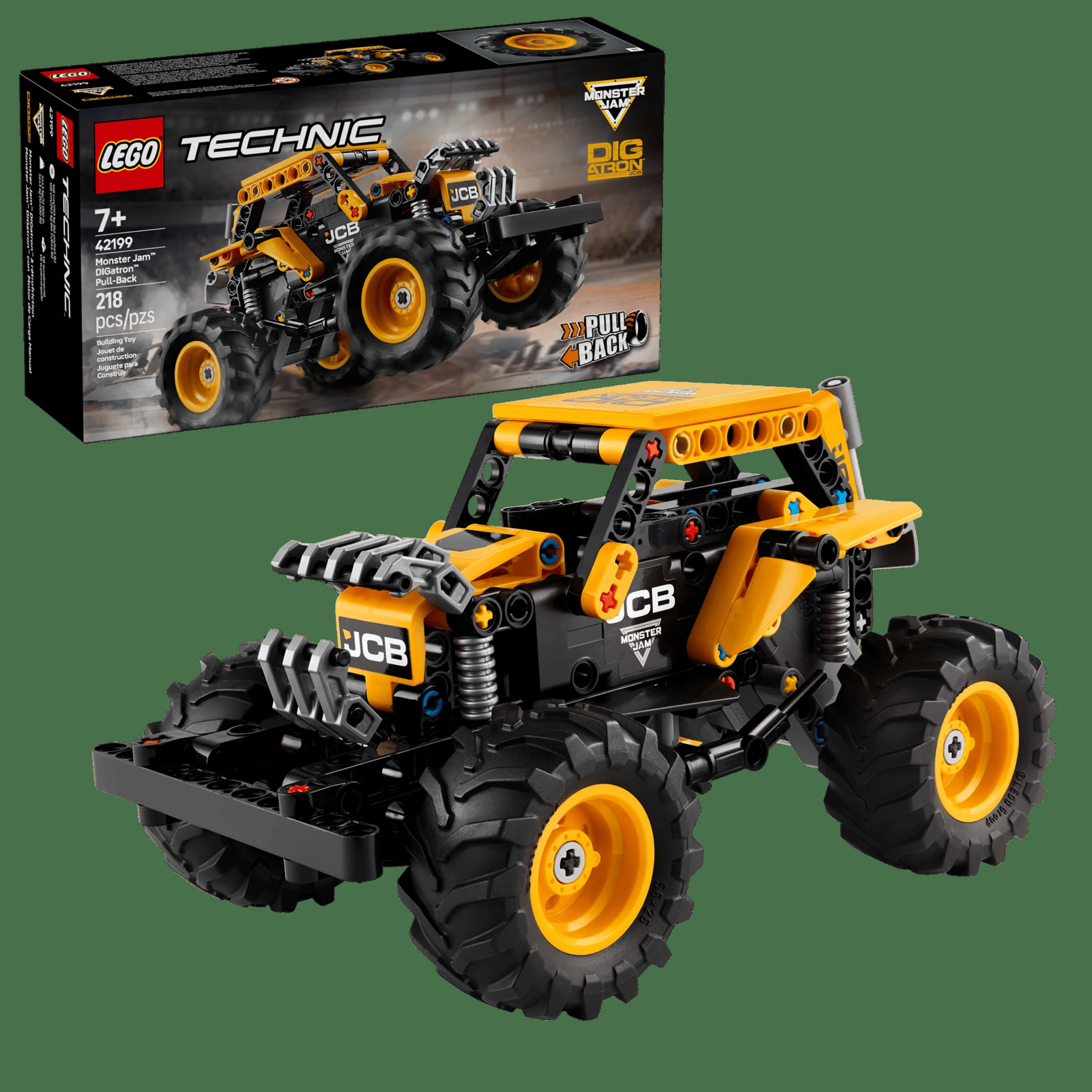 Imagine cu camionul LEGO Technic Monster Jam DIGatron, negru și galben, și cutia lui.