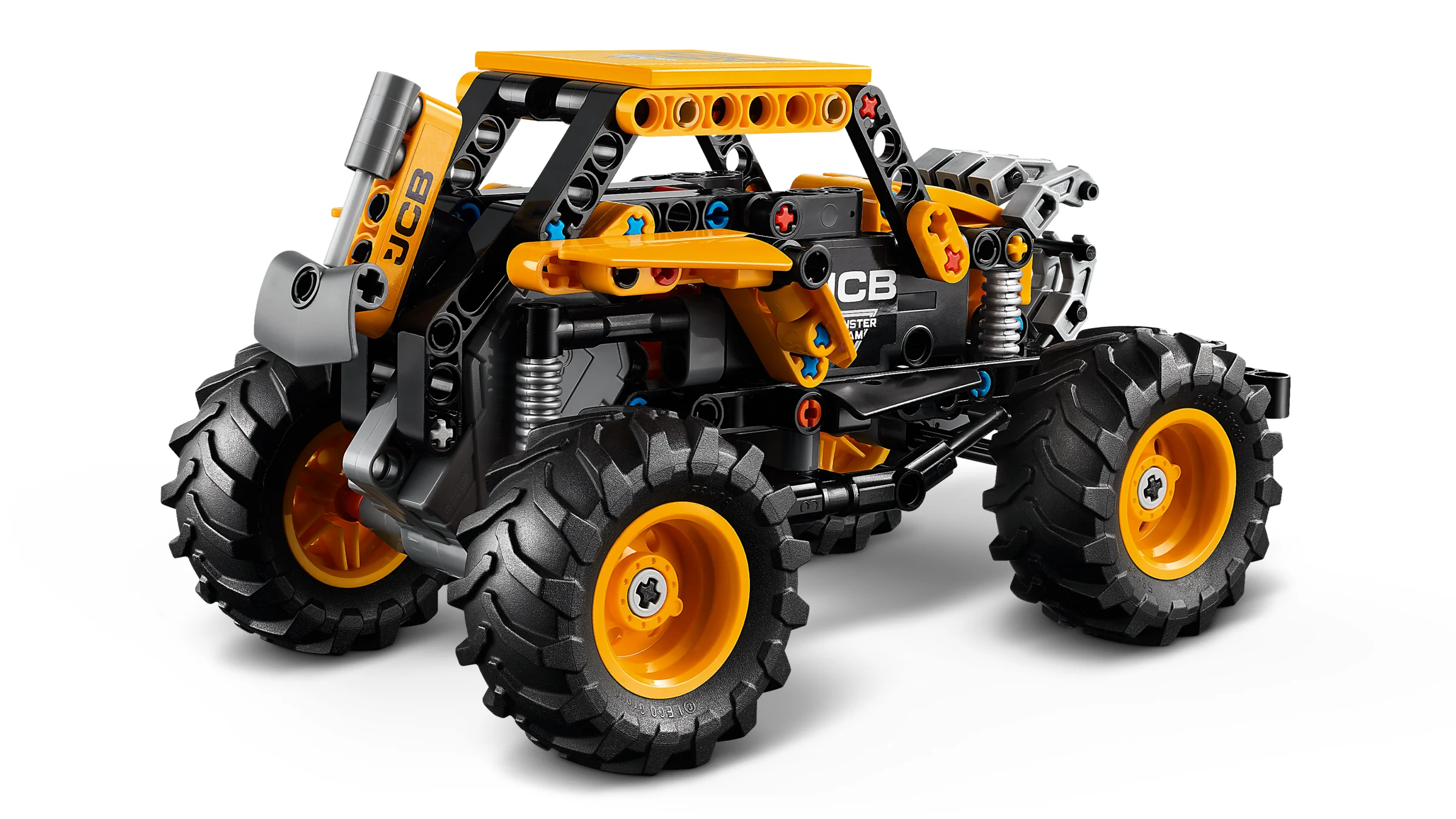 Imagine cu modelul JCB DIGatron, robust și detaliat, cu roți mari și galbene.