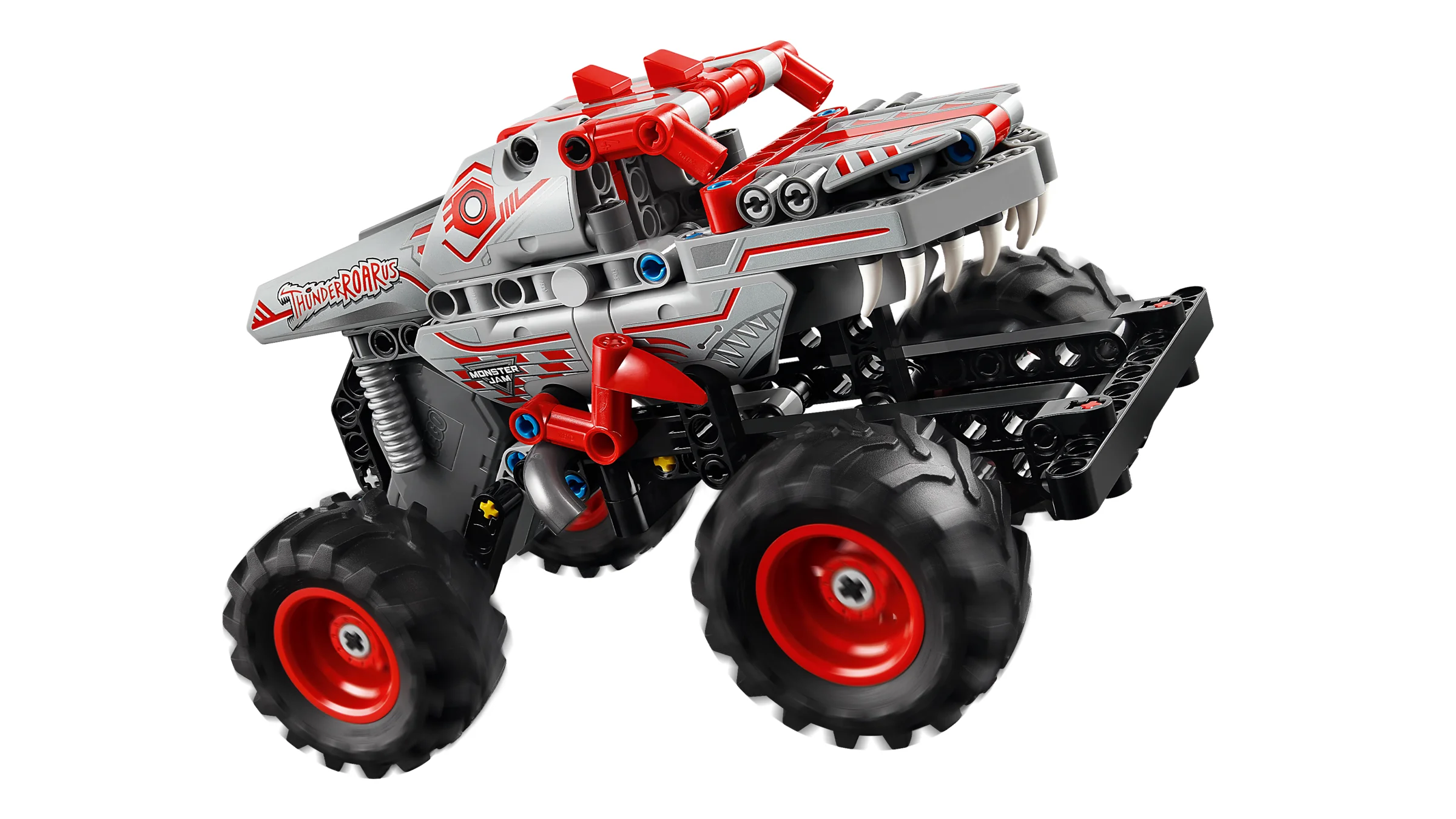 Monster Jam ThunderROARus LEGO Technic, model detaliat gri și roșu, cu dinți mari.