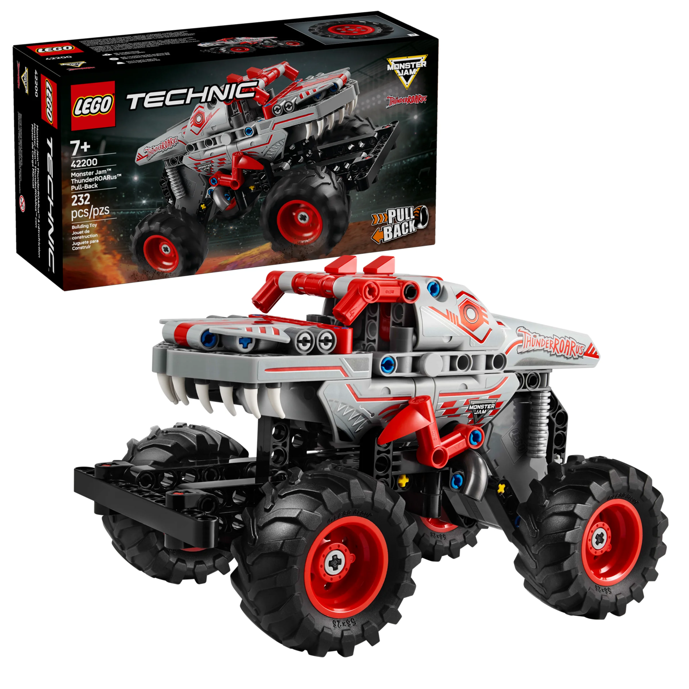Imagine cu setul LEGO Technic 42200 Monster Jam ThunderROARus și cutia sa. Mașină masivă, detaliată.