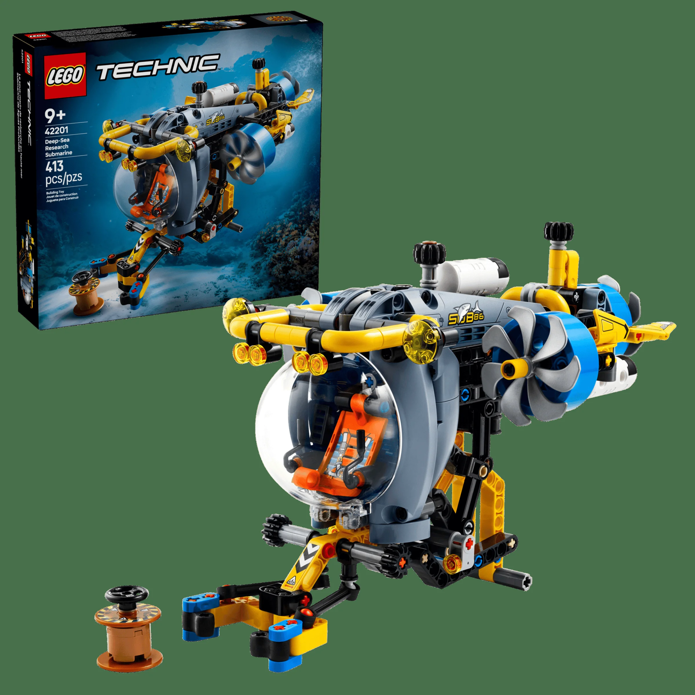Imagine cu submarinul de cercetare abisal LEGO Technic 42201 și cutia sa. Submarinul este galben, gri și albastru.