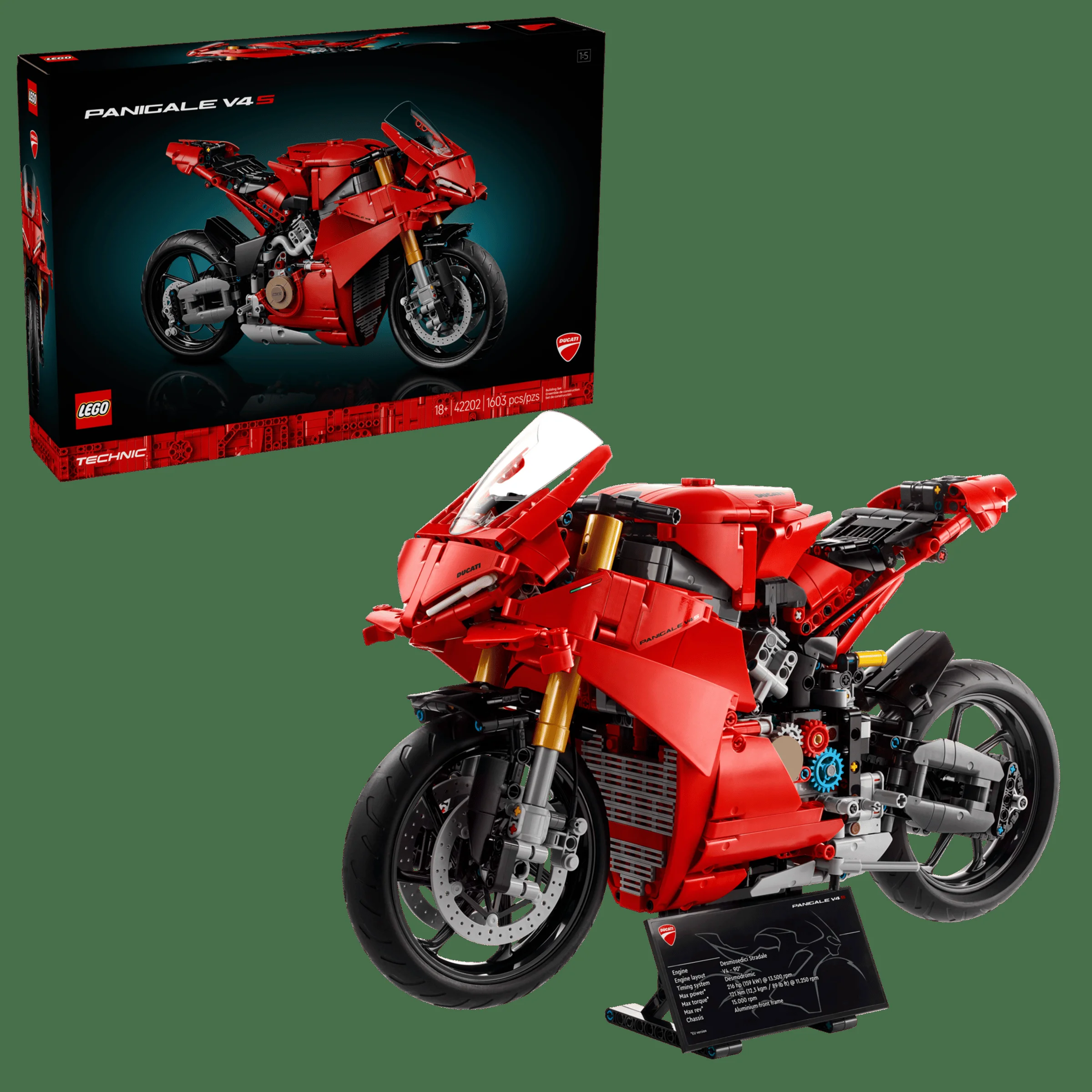 Imagine cu modelul LEGO Technic Ducati Panigale V4 S, setul 42202, alături de cutia produsului.