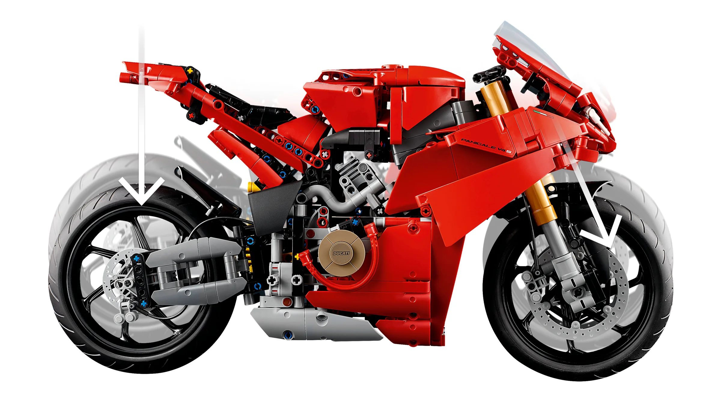 Motocicleta Ducati Panigale V4 S, roșie, o construcție detaliată LEGO Technic. Design realist și funcționalități.