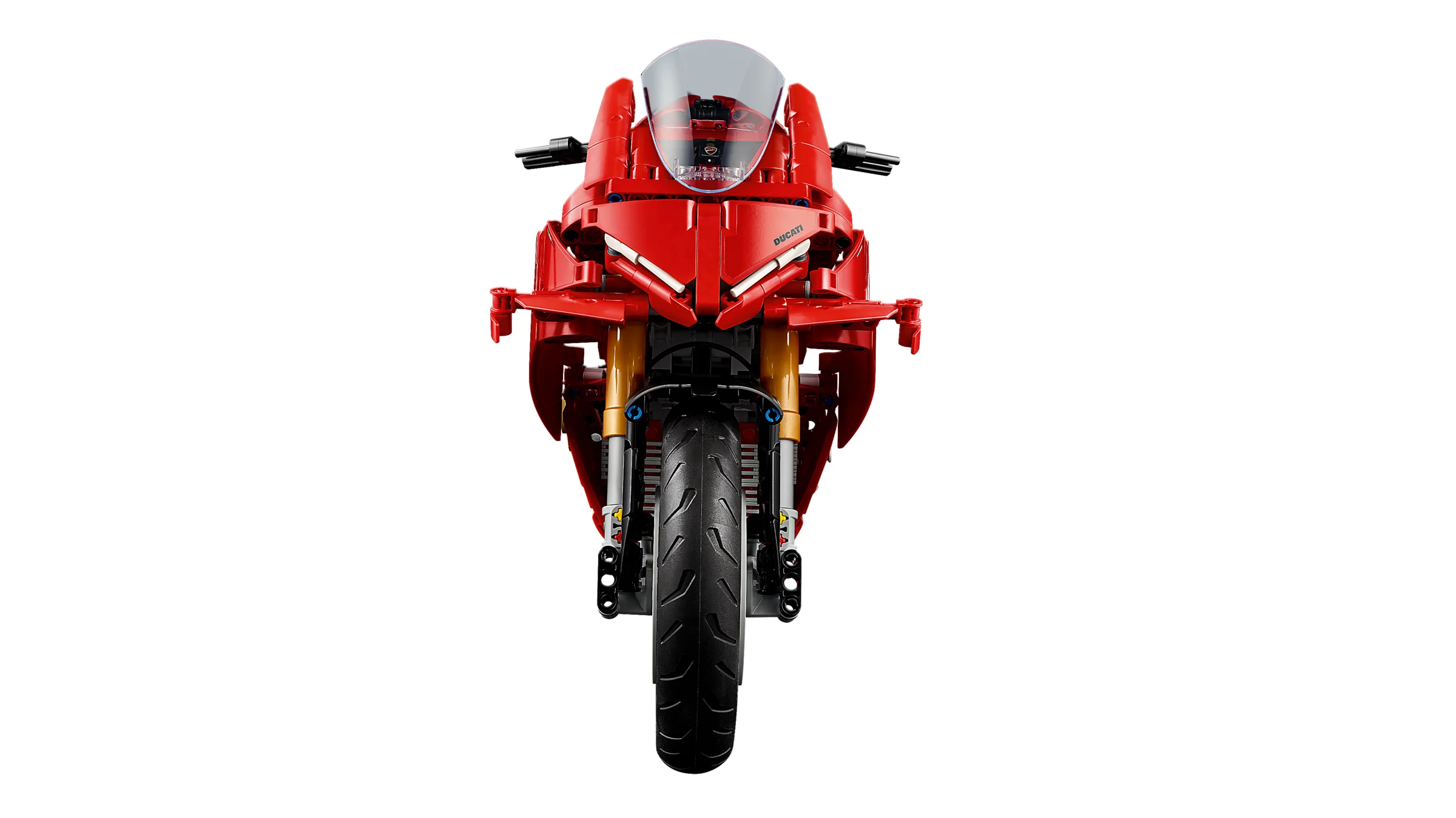 Motocicleta Ducati Panigale V4 S LEGO Technic, vedere frontală detaliată. Un model superb!