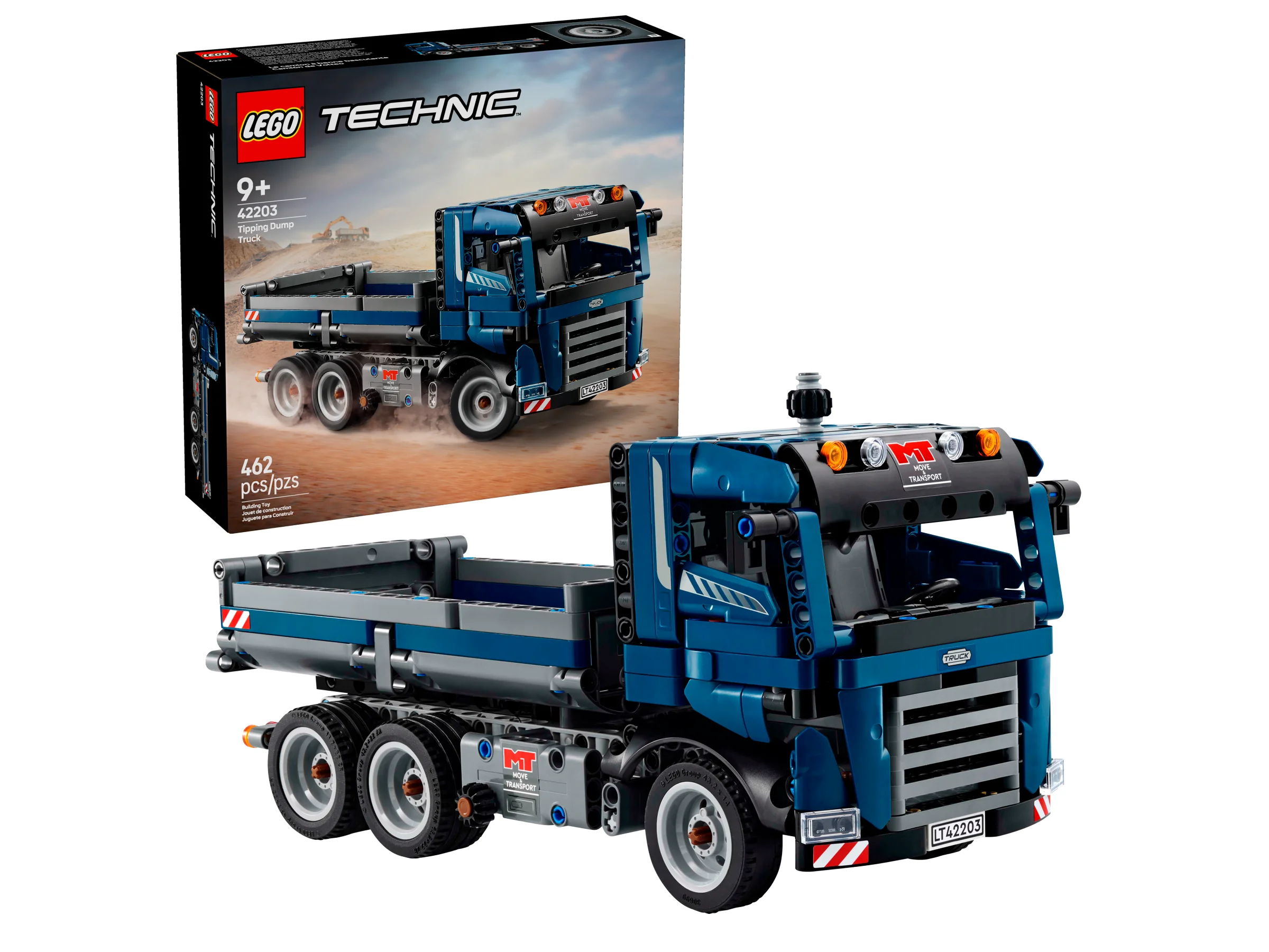 Camion basculant albastru LEGO Technic 42203, prezentat cu cutia în fundal. Model detaliat.