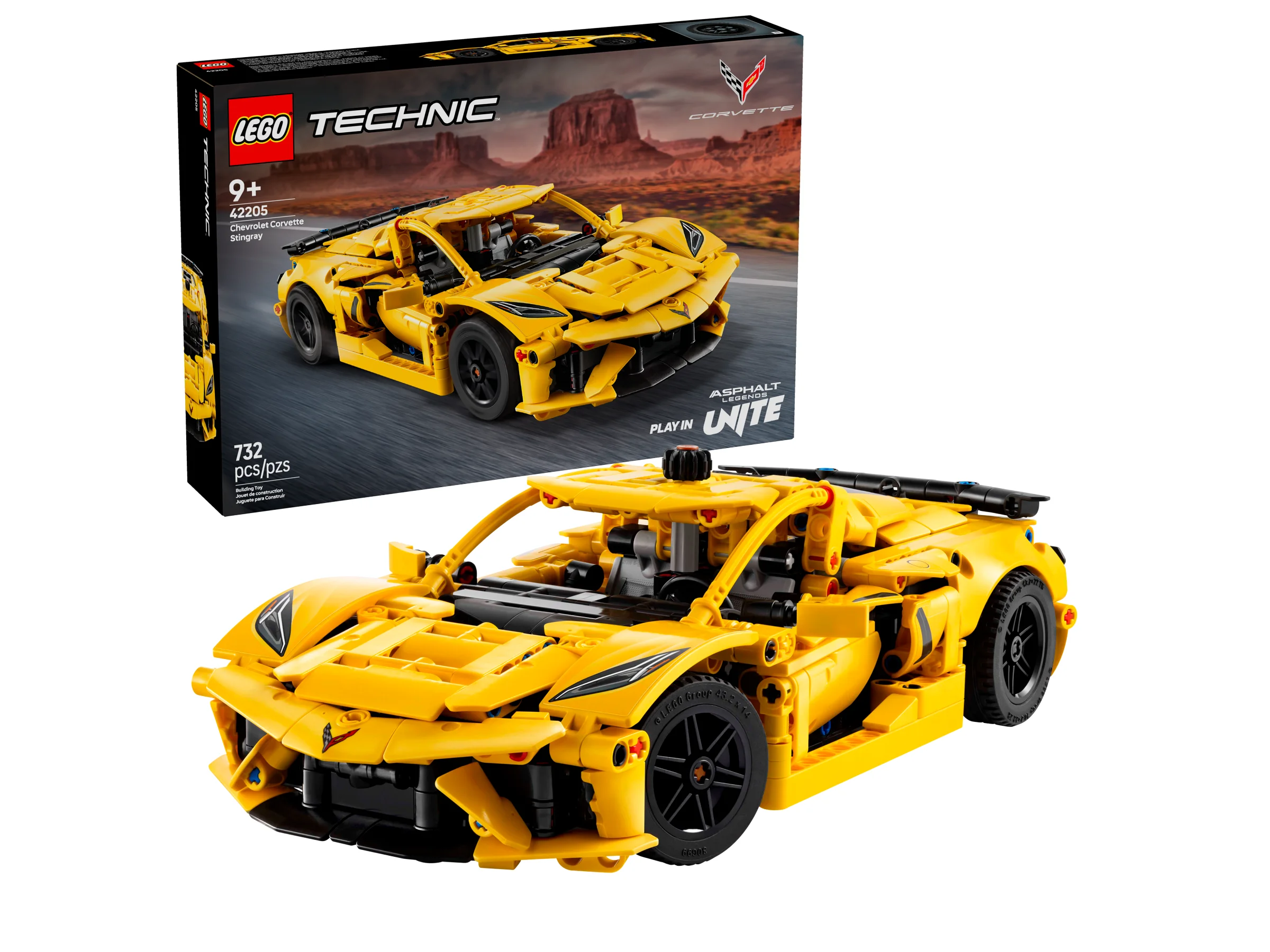 Imagine cu modelul Chevrolet Corvette Stingray galben, și cutia setului Lego Technic 42205.