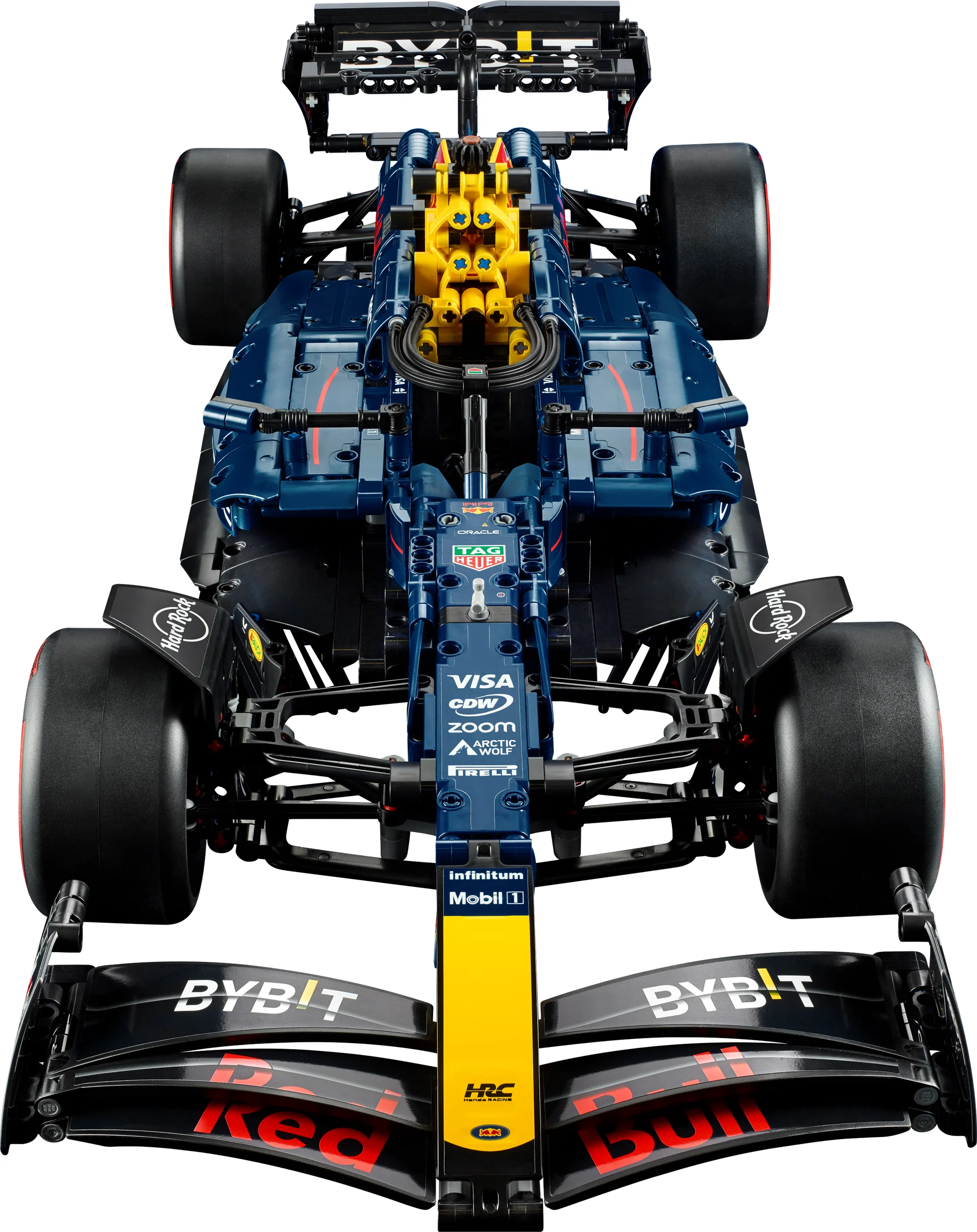 Imagine detaliată a modelului LEGO Technic Oracle Red Bull Racing RB20, cu sponsorizări vizibile.