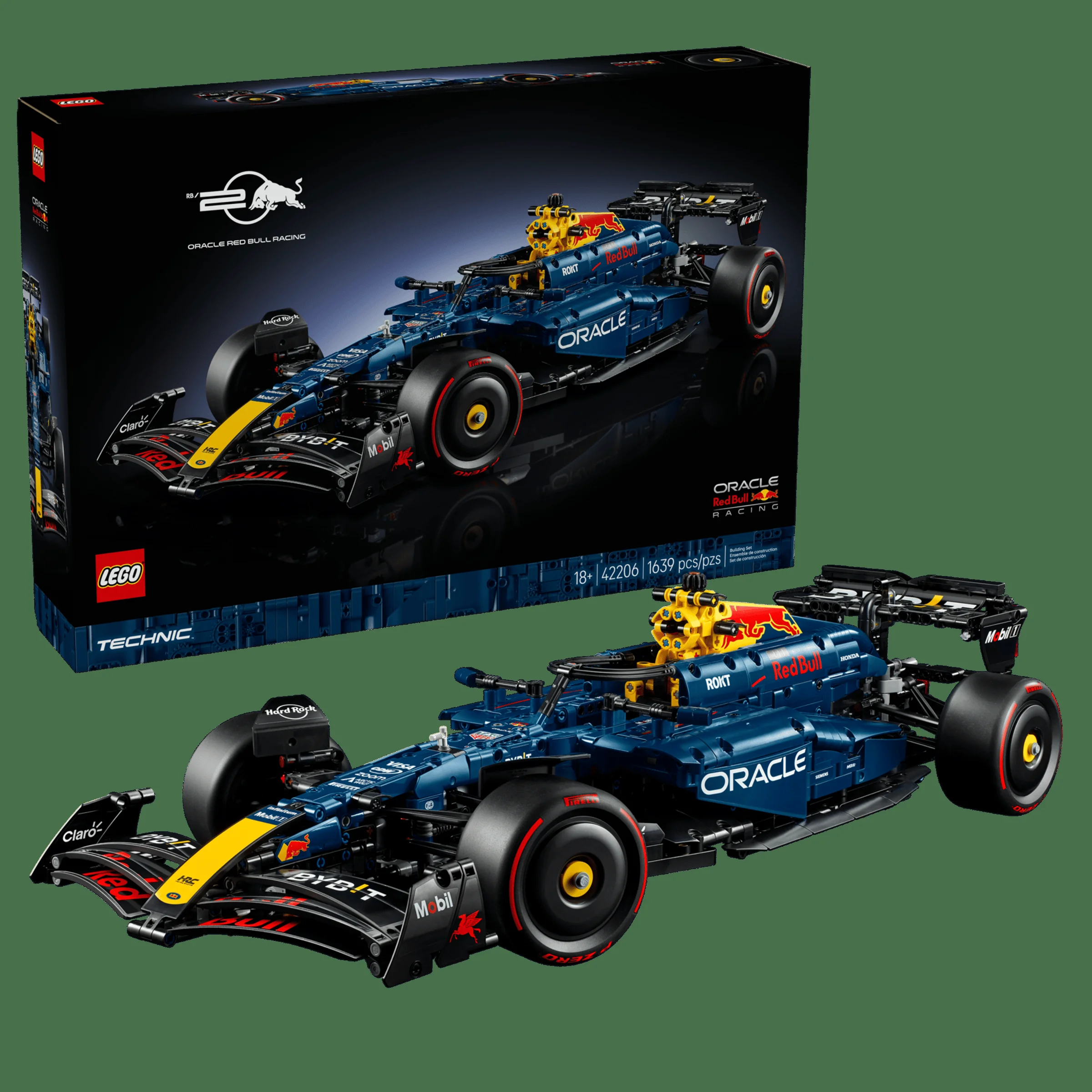 Imagine detaliată a setului LEGO Technic 42206 Oracle Red Bull Racing RB20, cu cutia și modelul asamblat.