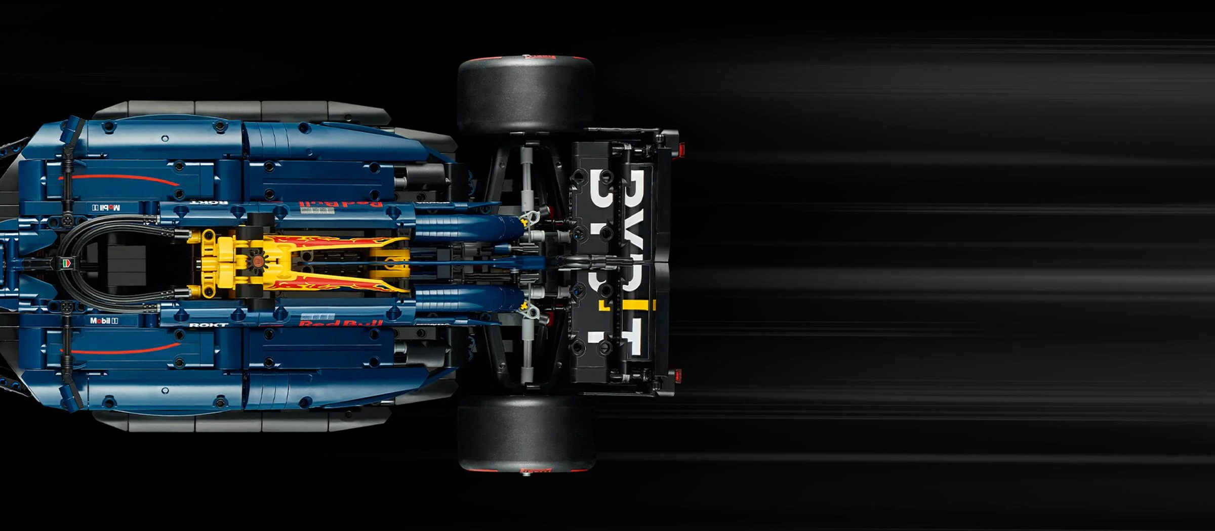 O vedere de sus detaliată a modelului LEGO Technic Red Bull Racing RB20.
