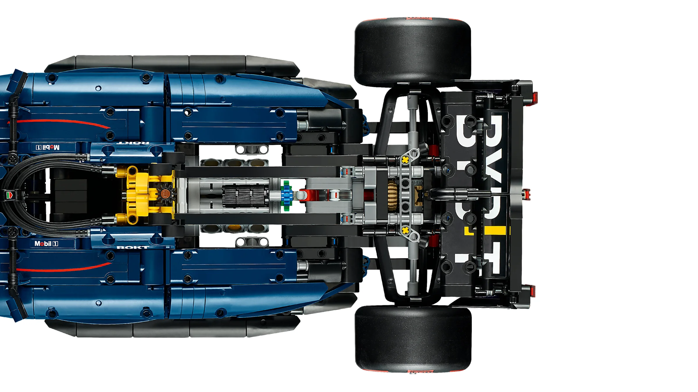 Vedere de sus a mașinii de curse Red Bull Racing RB20, detaliată și complexă.