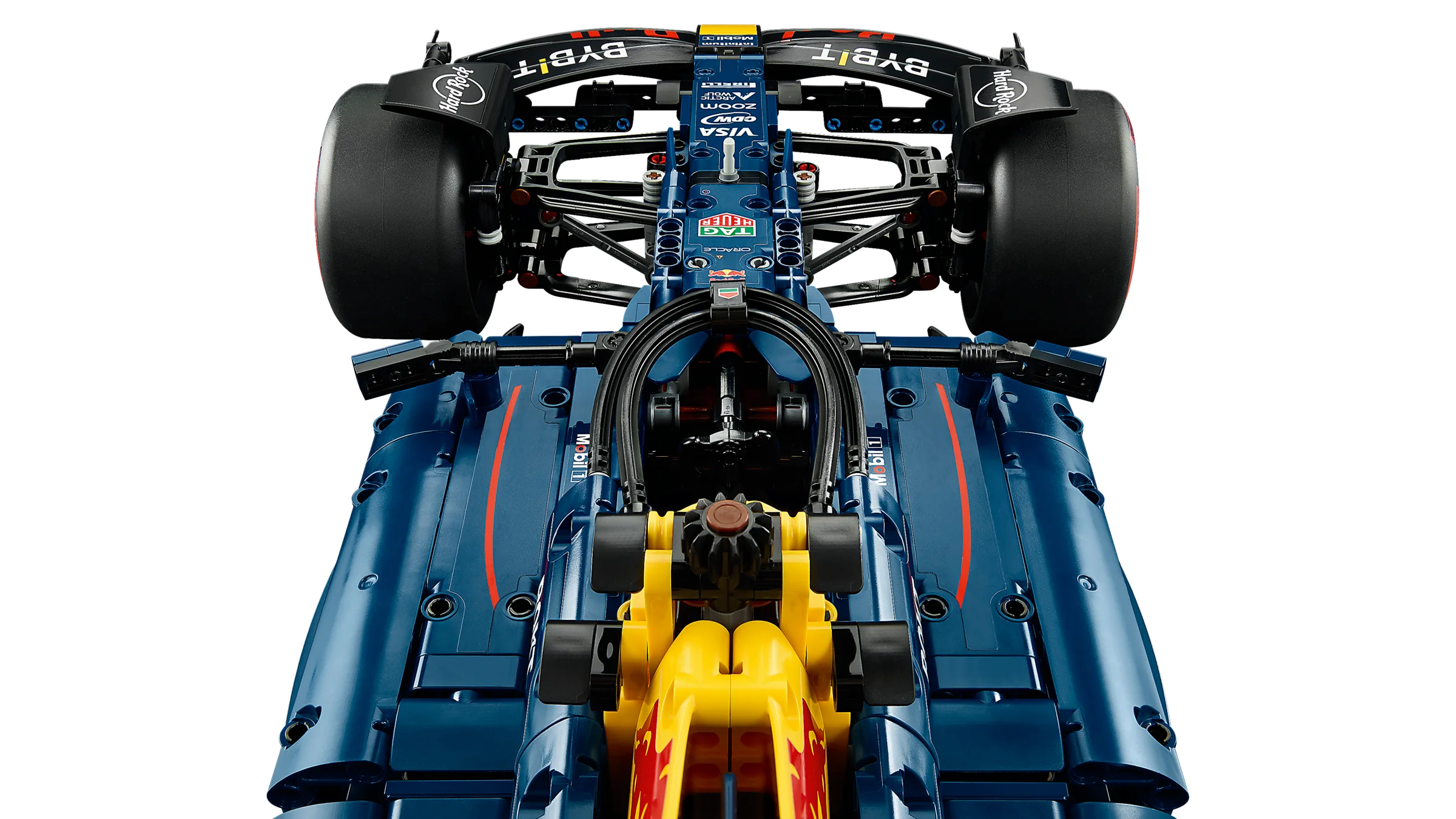 Vedere de sus a modelului LEGO Technic Red Bull RB20. Detalii ale mașinii Formula 1.
