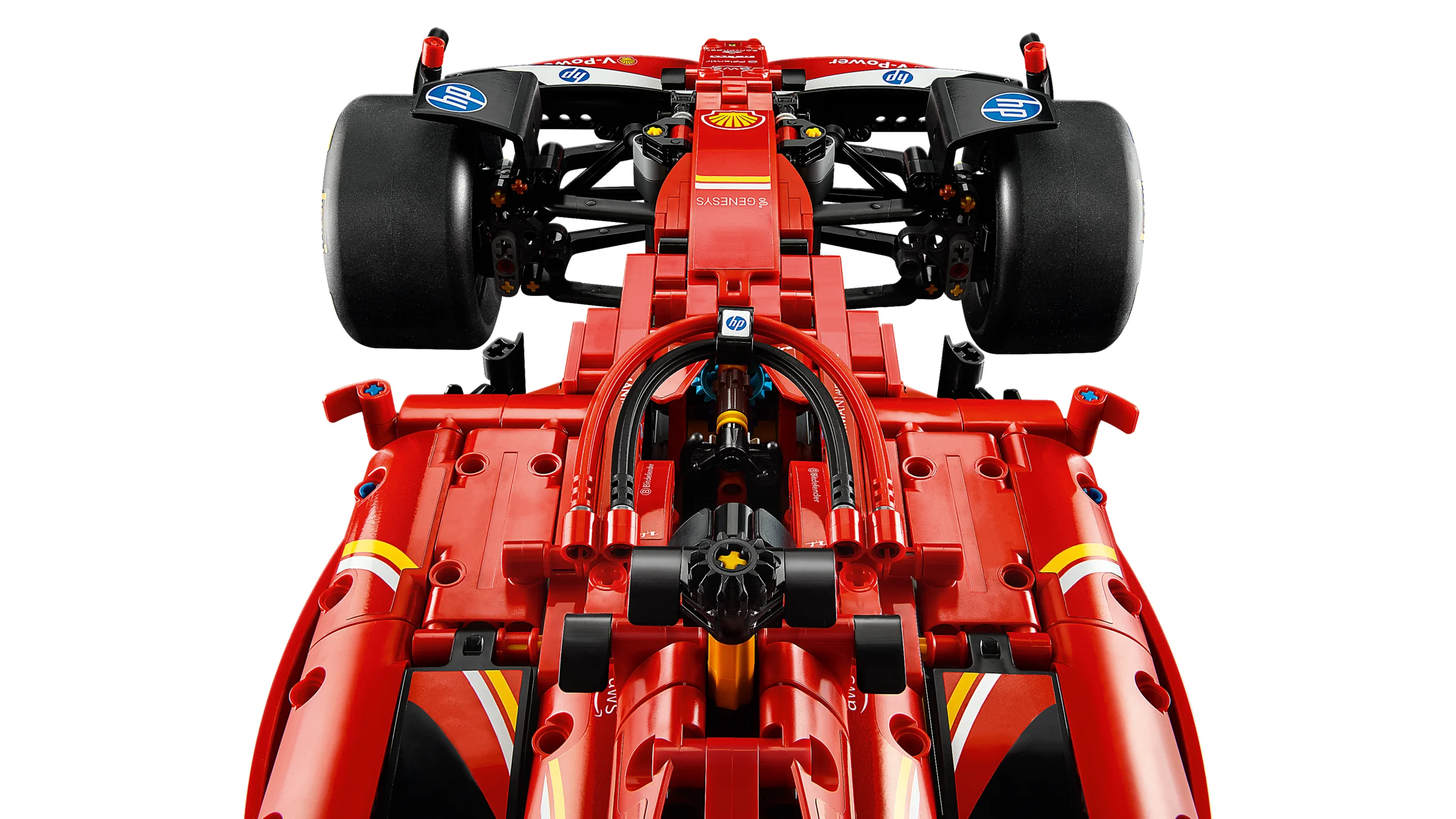 Imagine detaliată cu mașina Ferrari SF-24 F1, accent pe detalii și designul complex.