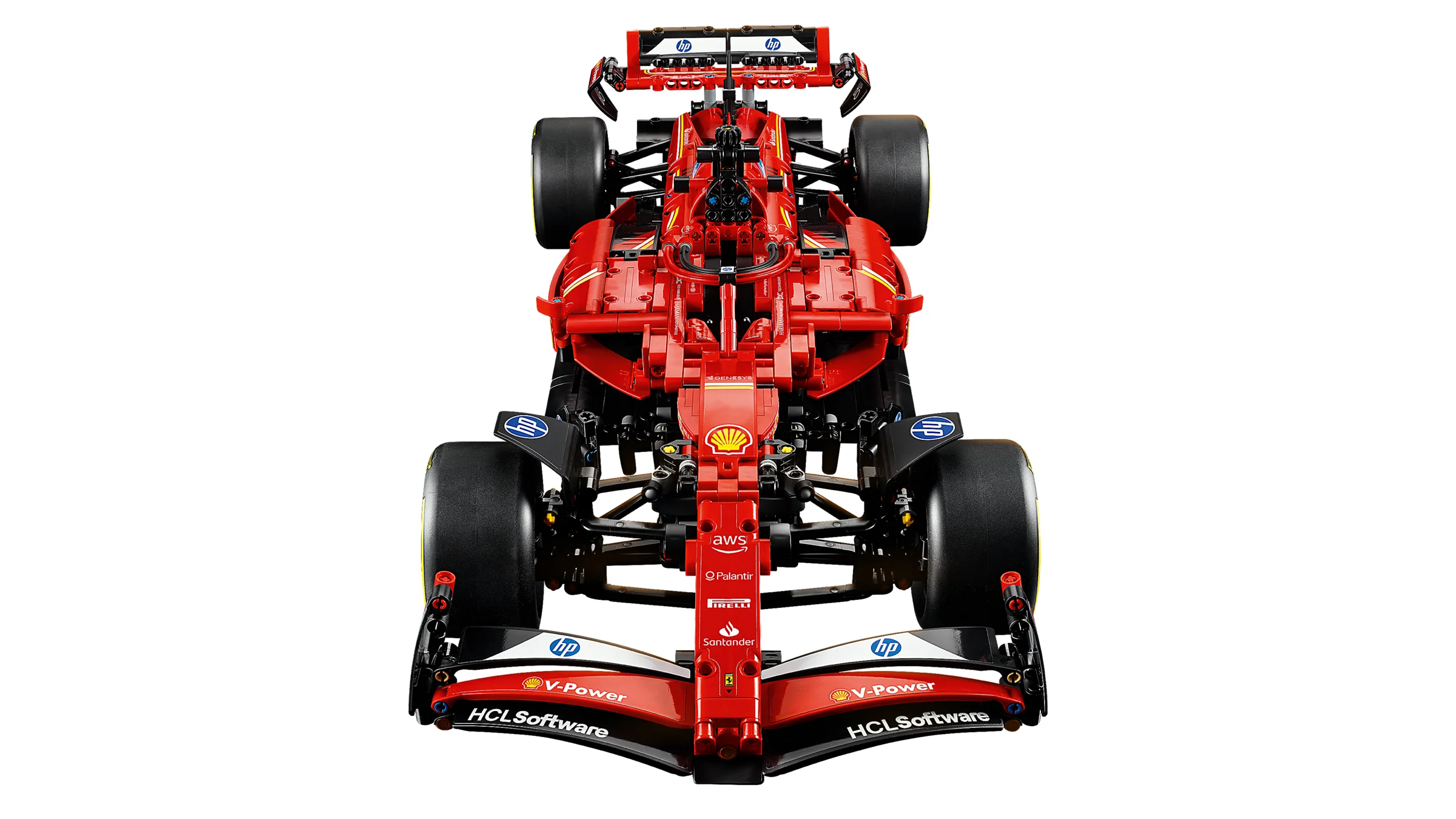 Imagine frontală cu modelul Ferrari SF-24 F1, detaliind sponsorizările și designul.