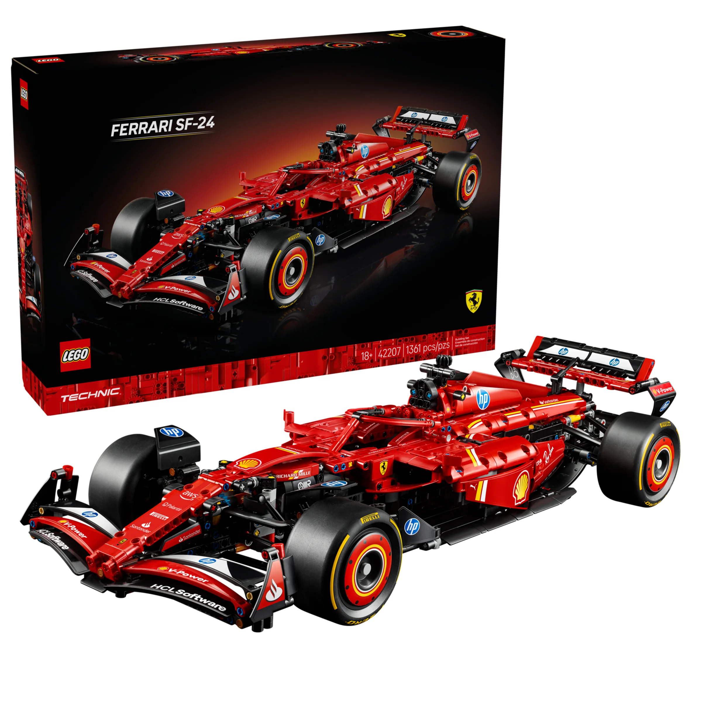 Imagine cu modelul LEGO Ferrari SF-24 și cutia setului, detaliind designul mașinii de curse.