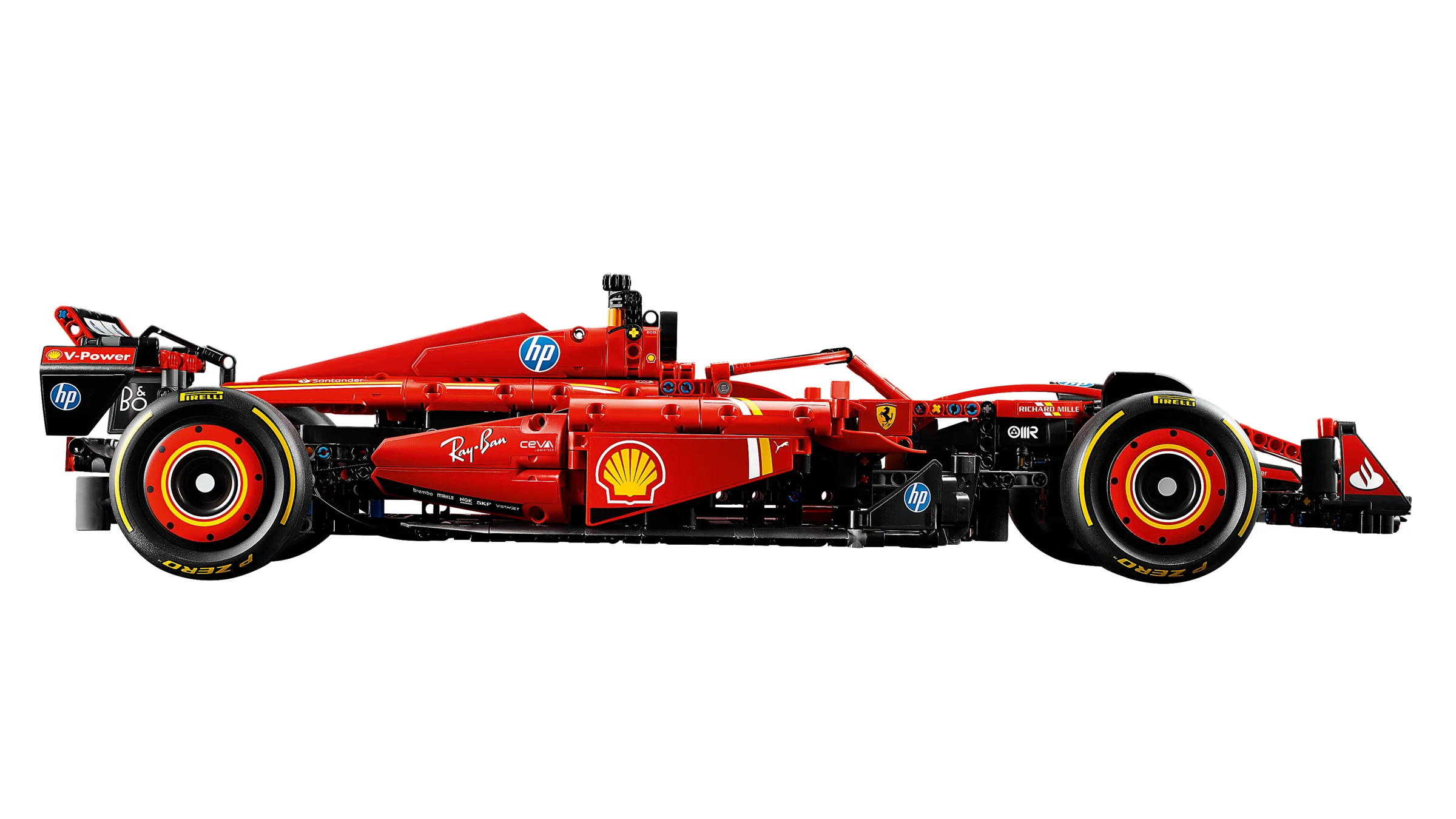 Modelul Ferrari SF-24 F1 din LEGO Technic, vedere laterală detaliată. Roșu dominant, cu sponsori.
