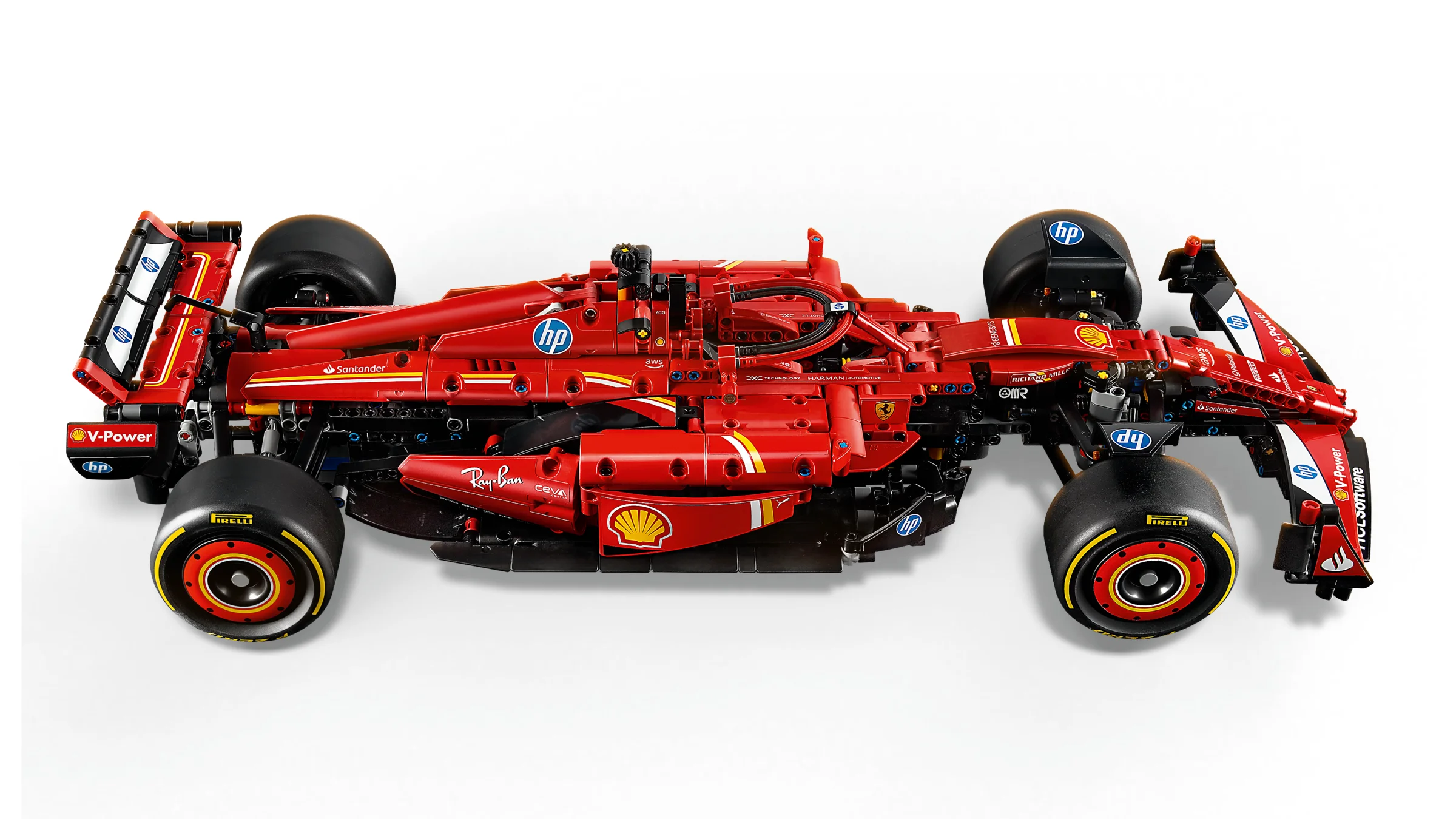 Modelul LEGO Technic Ferrari SF-24 F1 Car, vedere completă, detaliată, roșu intens.